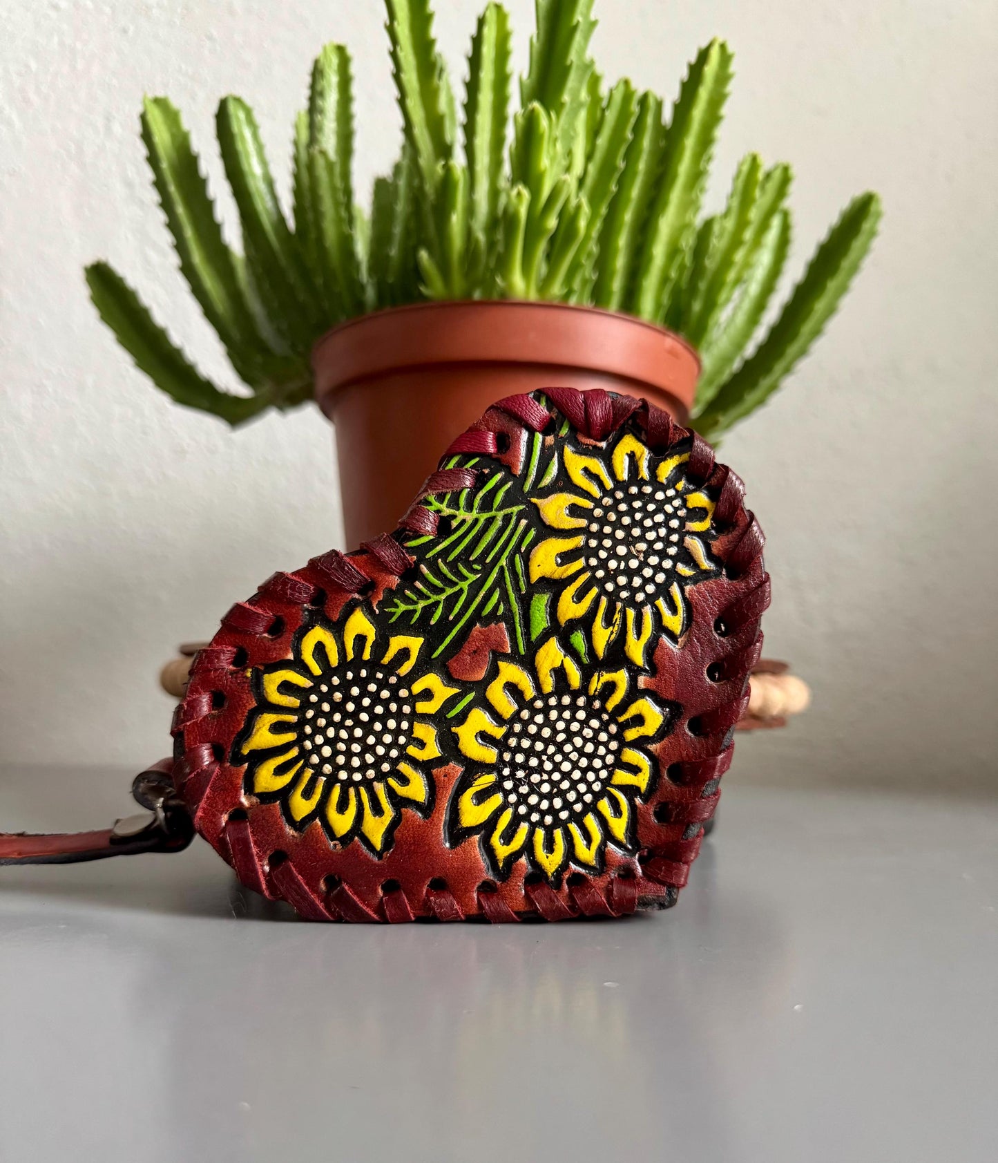 Handmade Heart Purse: Embossed Leather Floral Wristlet, Mexican Tooled Bag