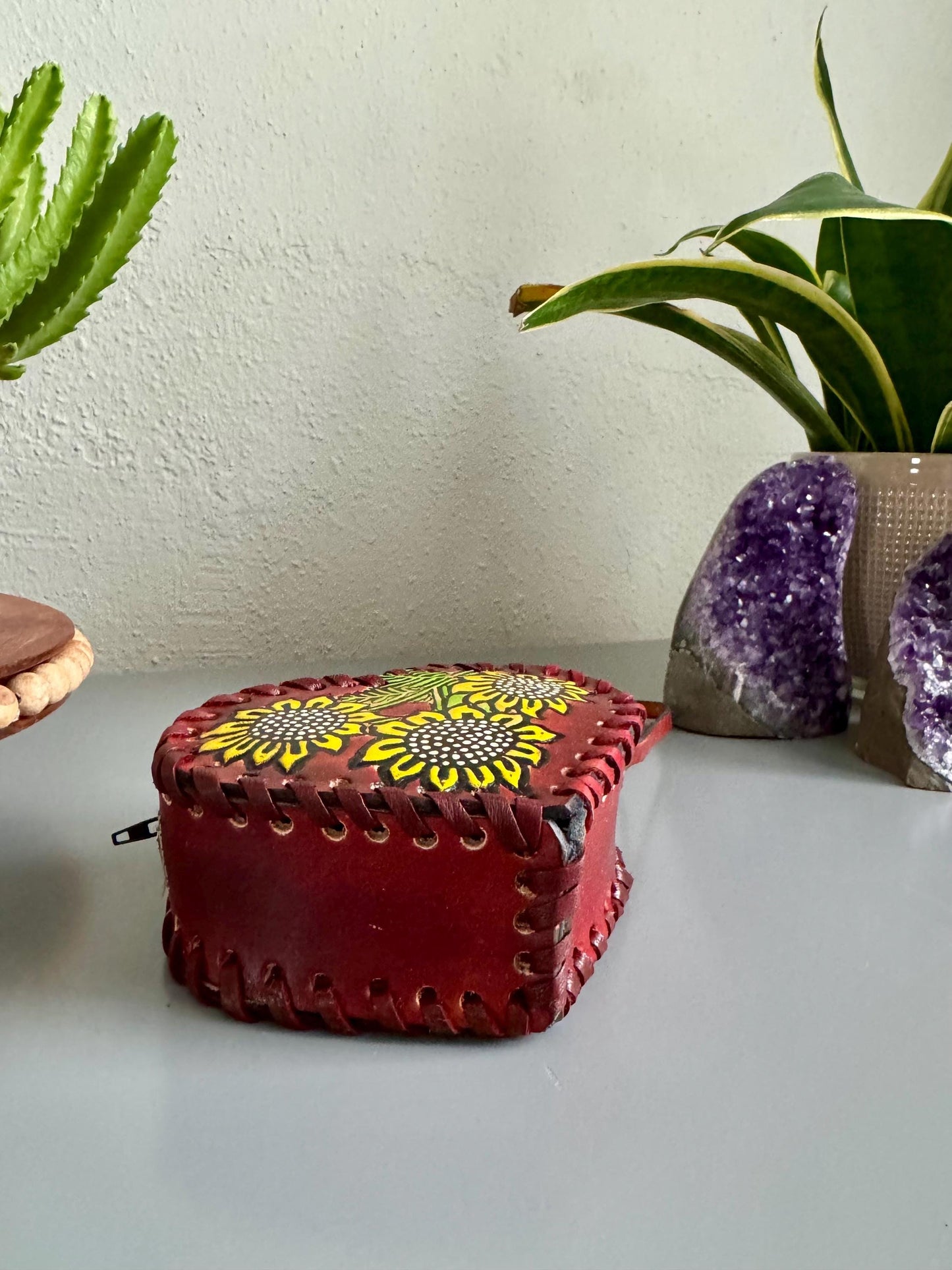 Handmade Girl’s Heart Purse: Embossed Leather Floral Wristlet, Mexican Tooled Bag