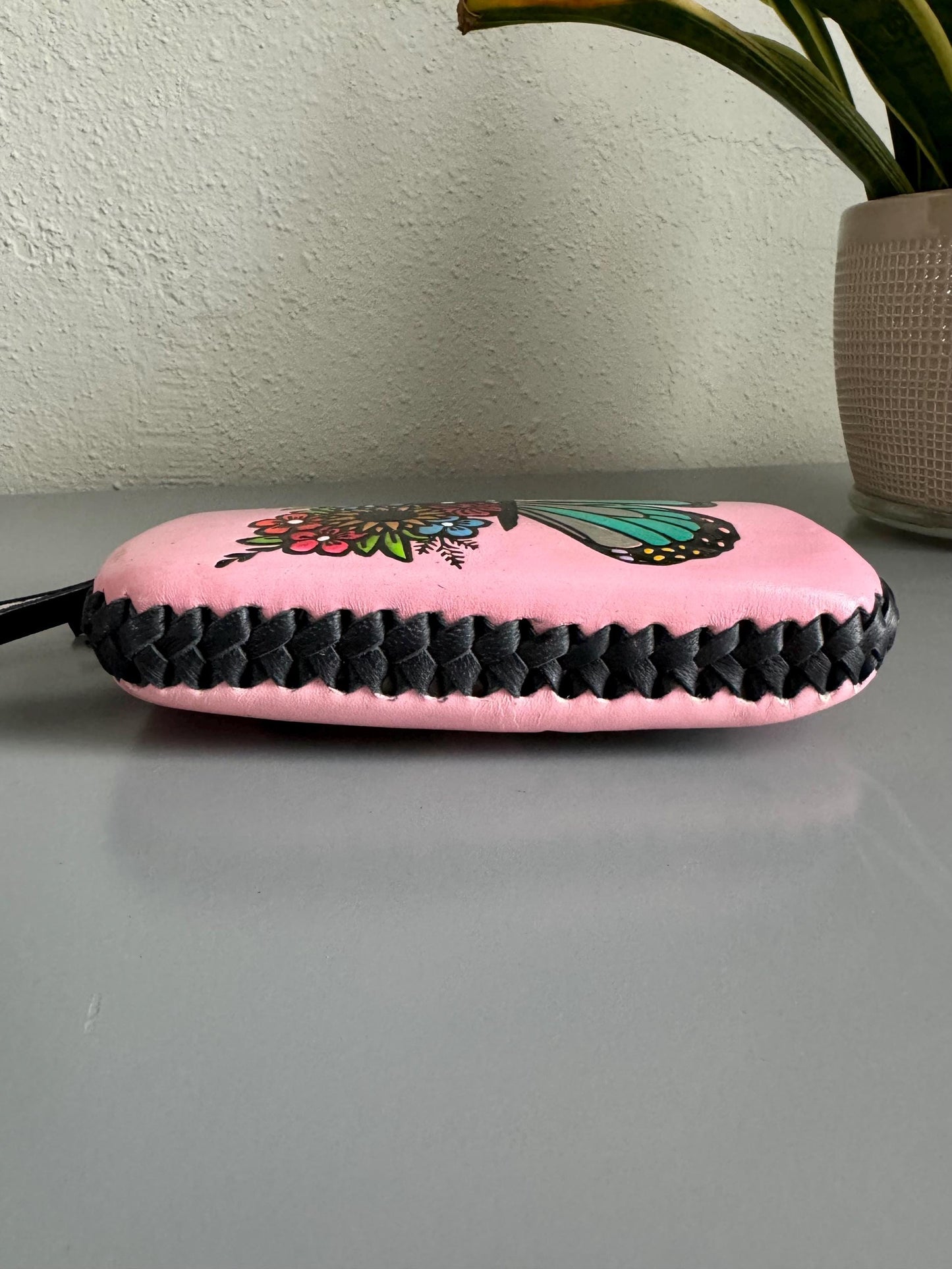 Hand-Tooled Leather Wristlet: Embossed Floral Design, Made in Mexico