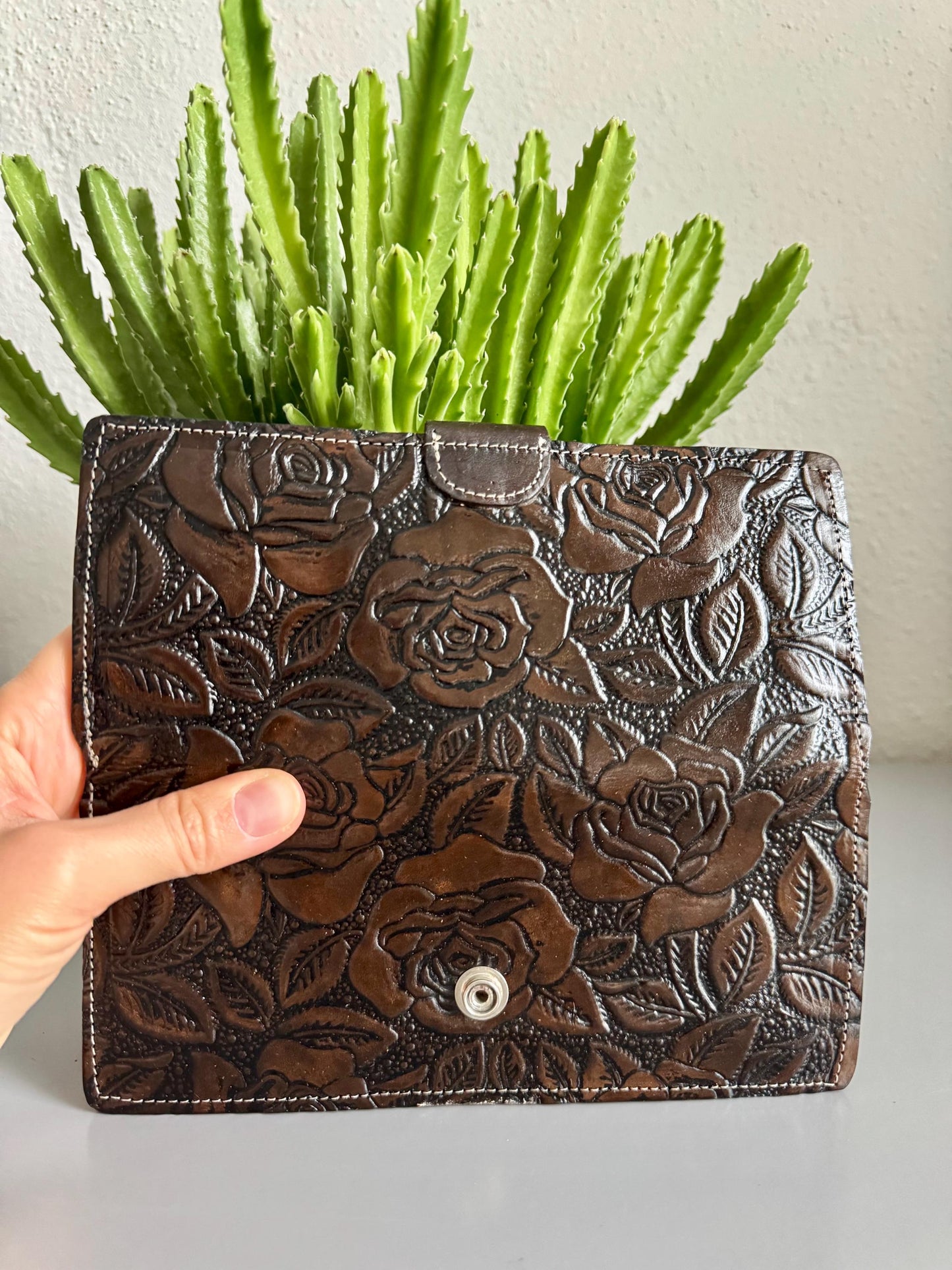 Hand Tooled Leather Wallet, Embossed Rose Design, Mexican Artisan Crafted