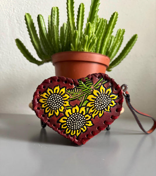 Handmade Heart Purse: Embossed Leather Floral Wristlet, Mexican Tooled Bag