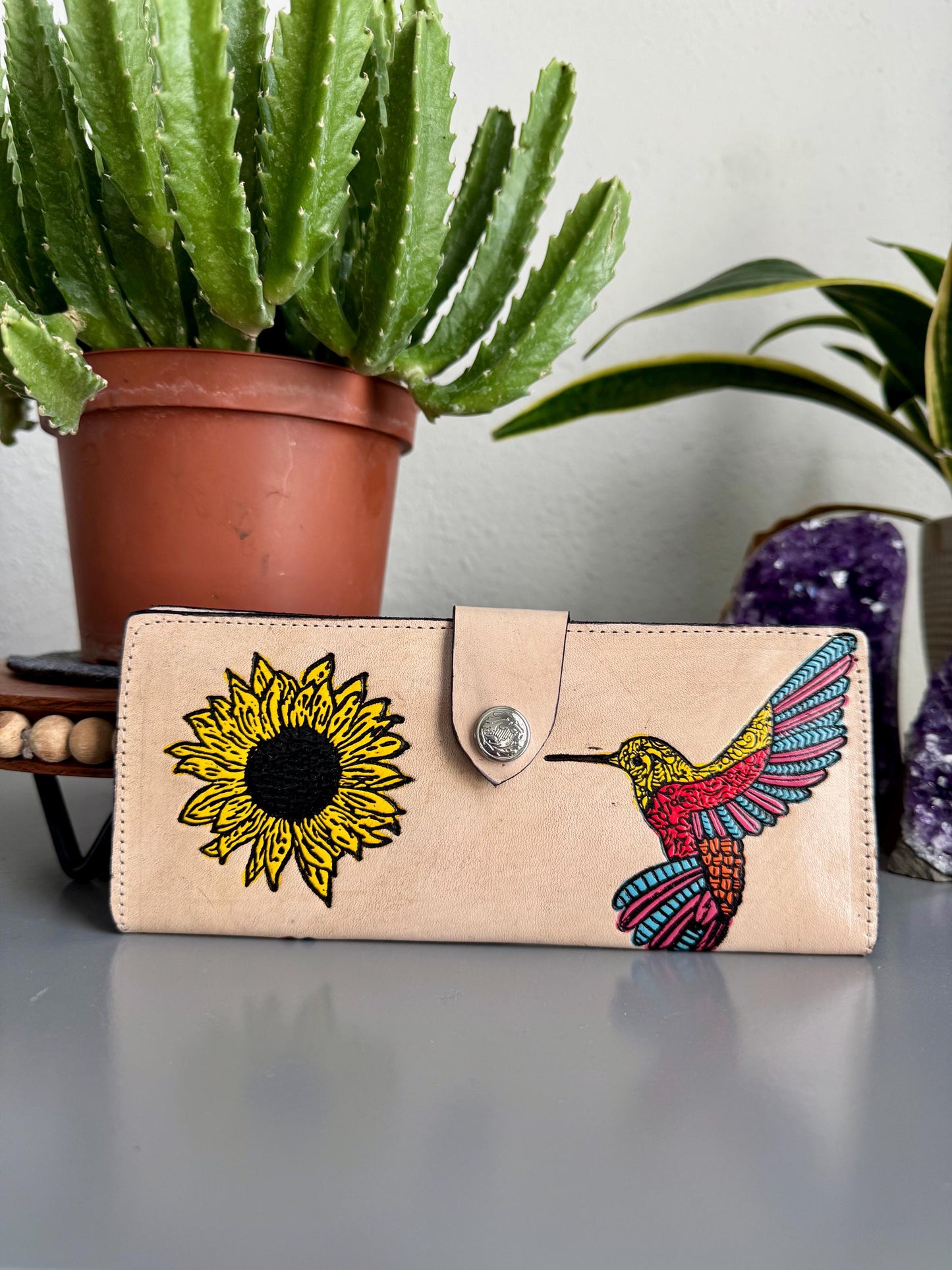 Hand Tooled Leather Wallet: Artisan Hummingbird and Sunflower Design
