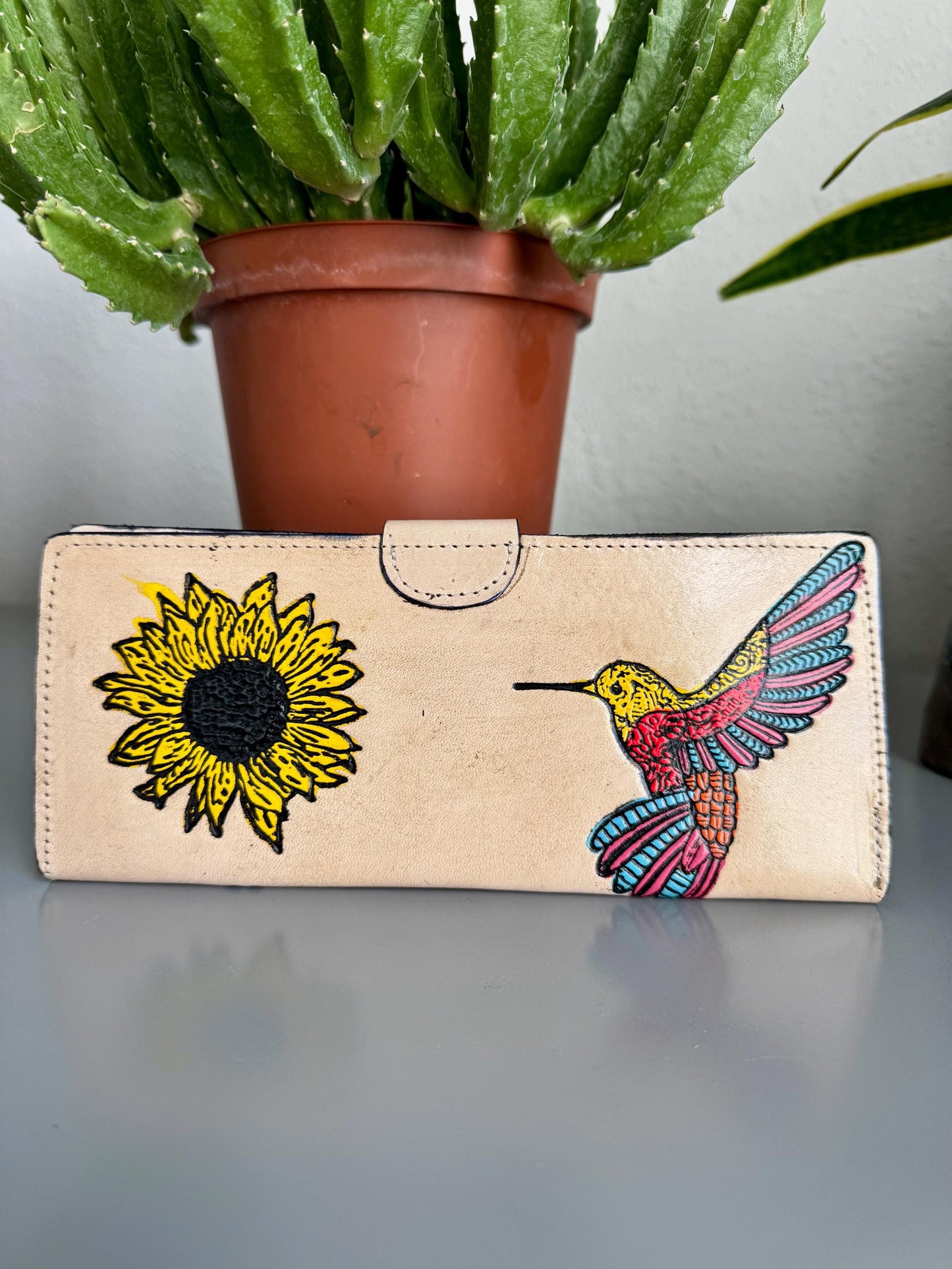 Hand Tooled Leather Wallet: Artisan Hummingbird and Sunflower Design