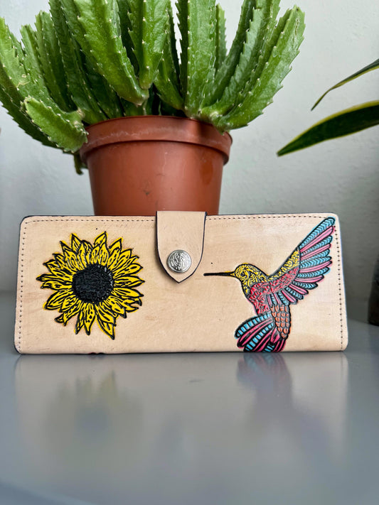 Hand Tooled Leather Wallet: Artisan Hummingbird and Sunflower Design
