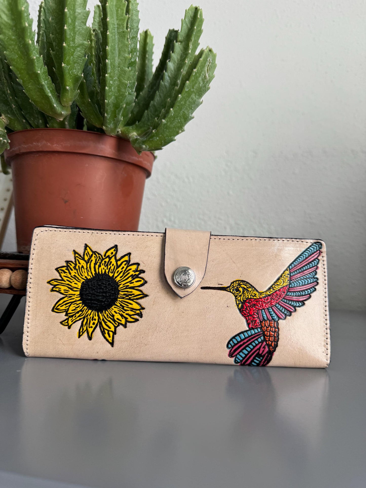 Hand Tooled Leather Wallet: Artisan Hummingbird and Sunflower Design