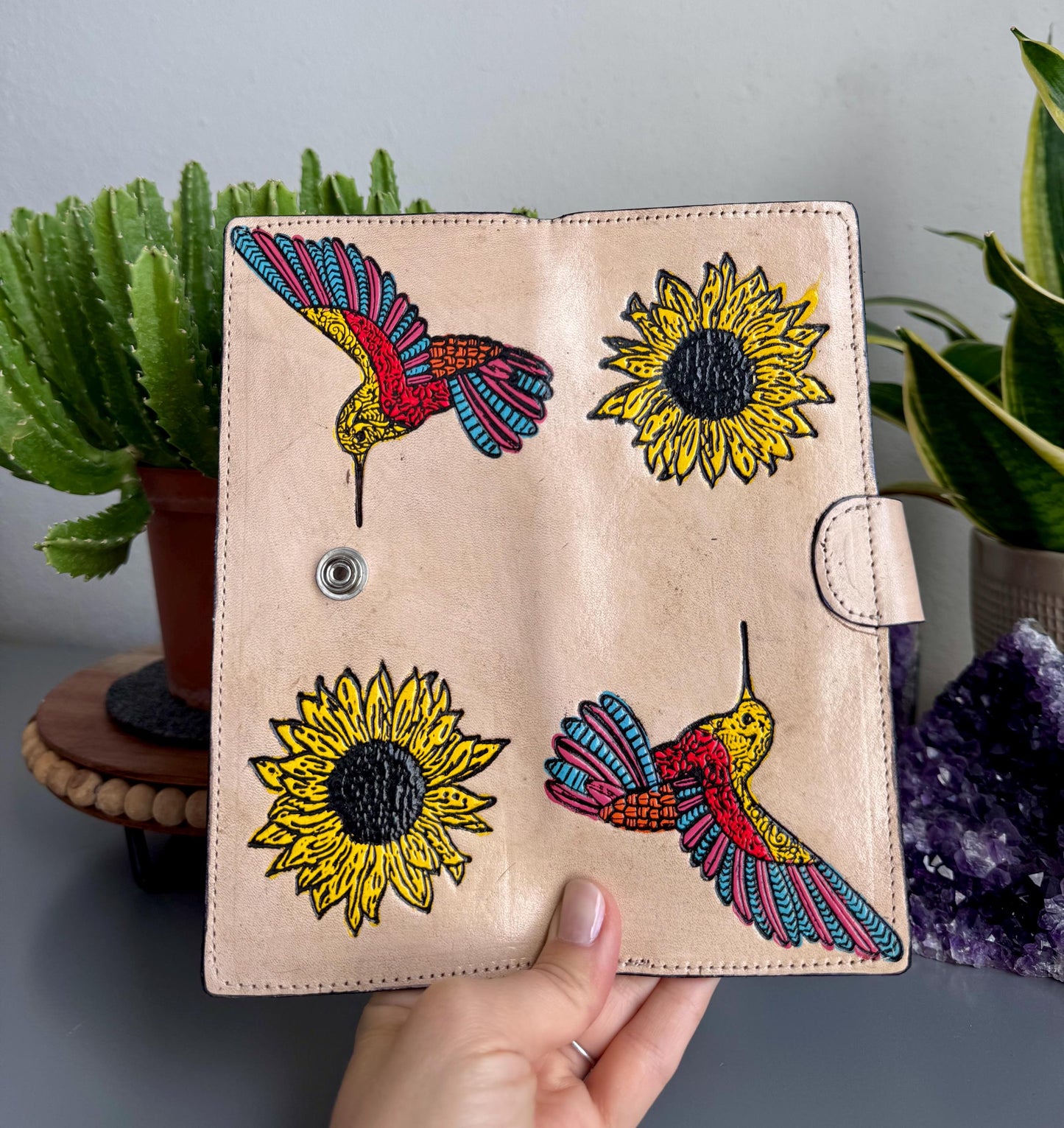 Hand Tooled Leather Wallet: Artisan Hummingbird and Sunflower Design