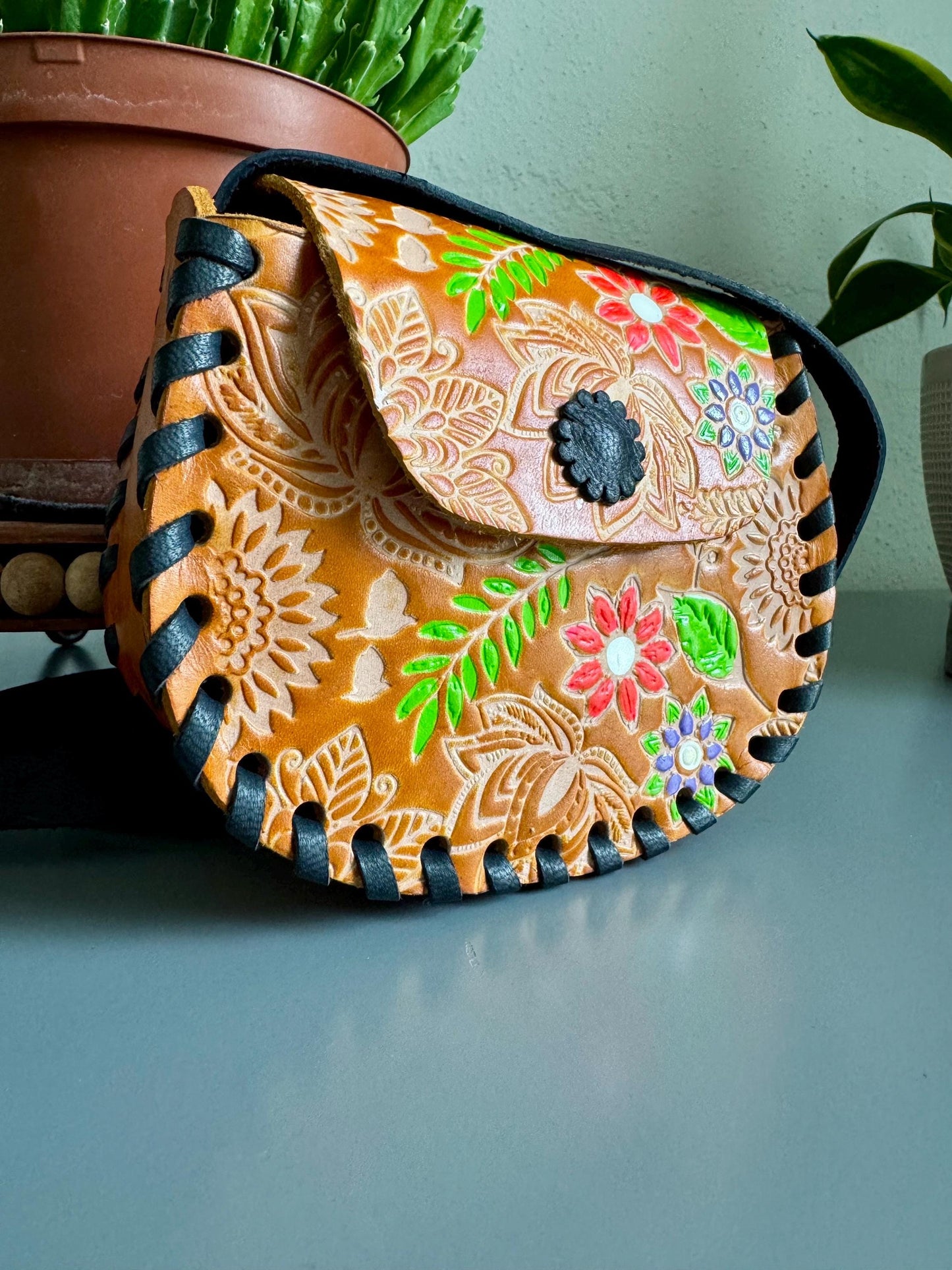 Hand-Tooled Leather Floral Purse: Little Girl's Embossed Mexican Bag