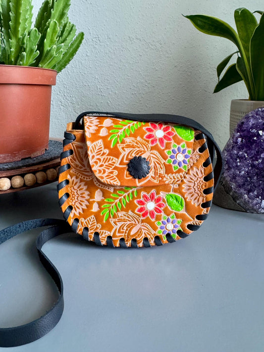 Hand-Tooled Leather Floral Purse: Little Girl's Embossed Mexican Bag