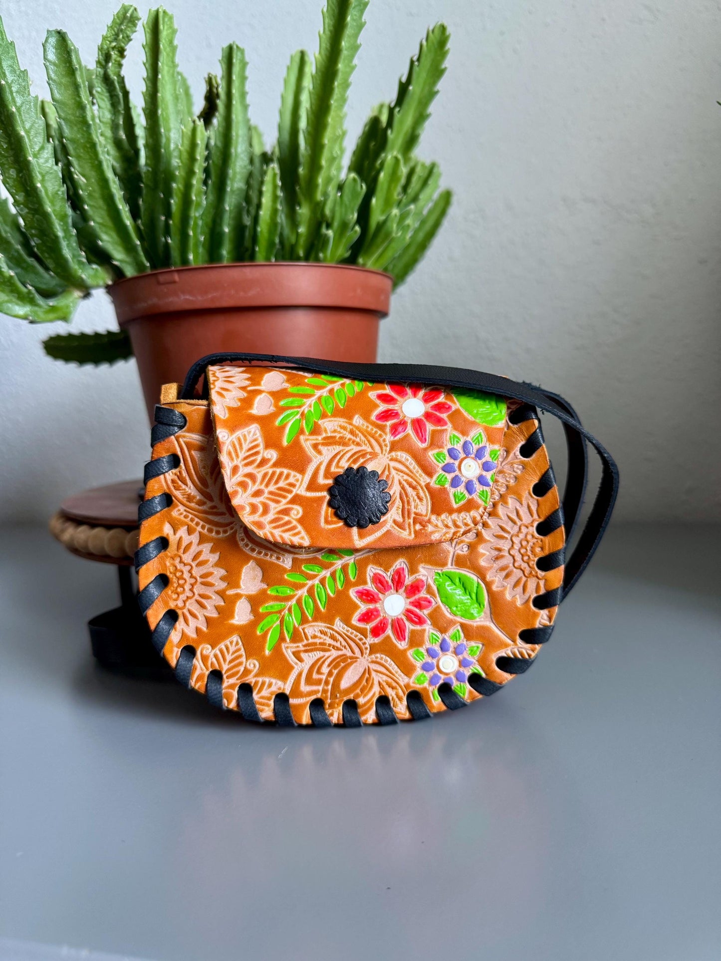 Hand-Tooled Leather Floral Purse: Little Girl's Embossed Mexican Bag