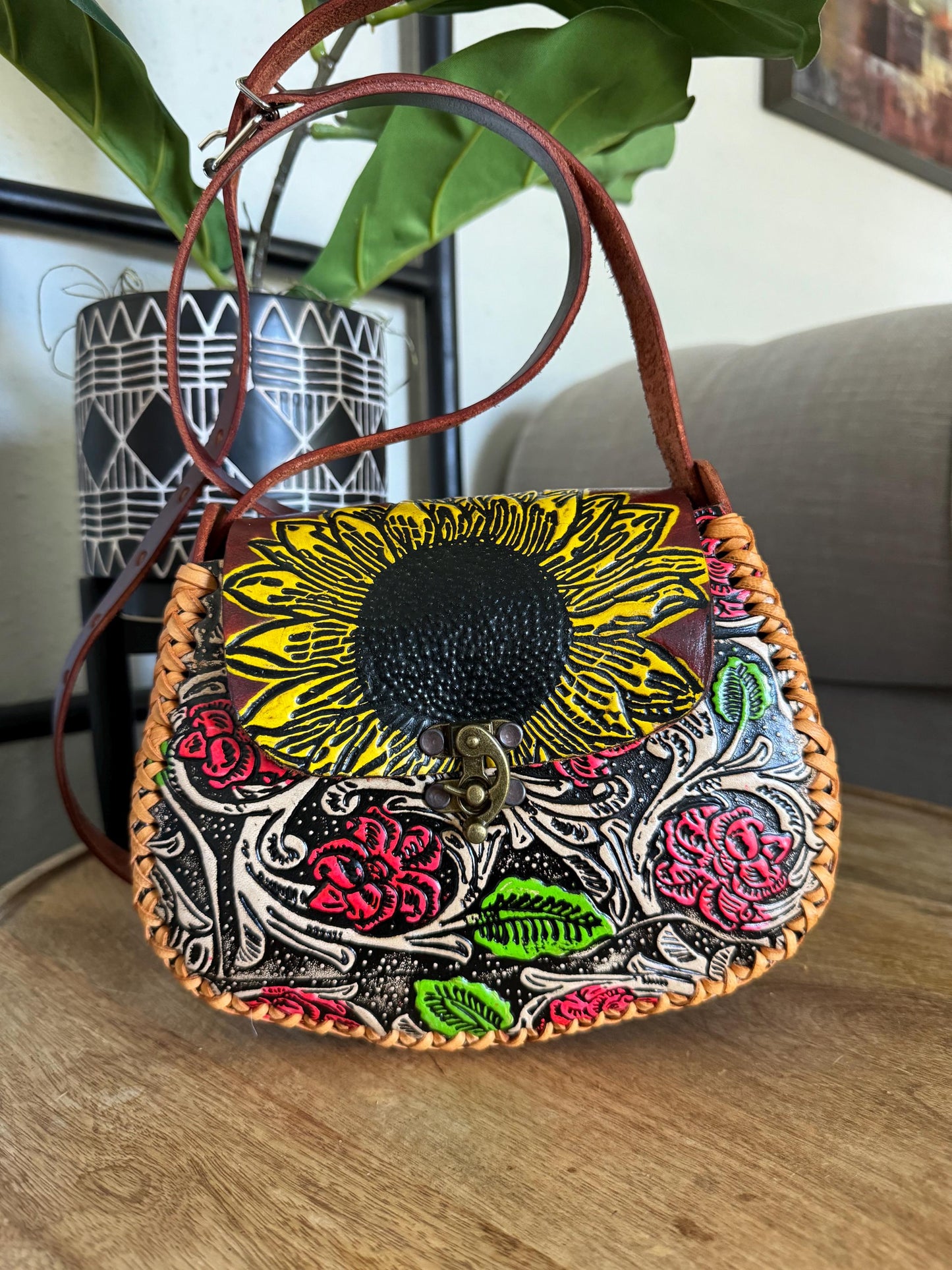 Hand-Tooled Embossed Leather Floral Purse: Mexican Sunflower Handbag