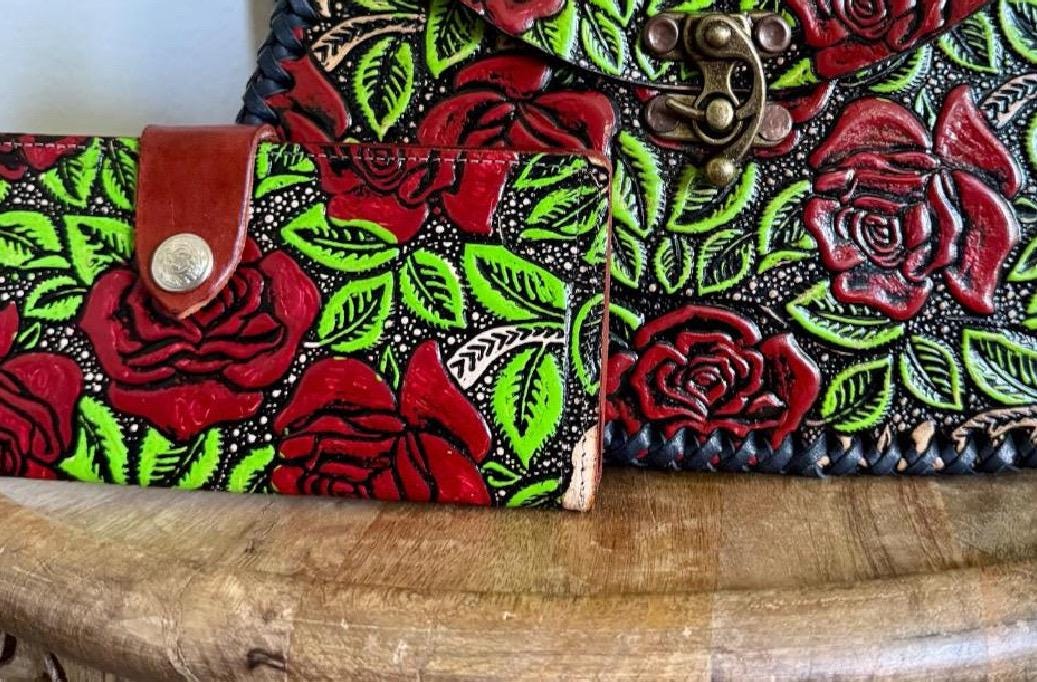 Hand Tooled Leather Rose Wallet, Artisan Bi-Fold, Mexican Moderno