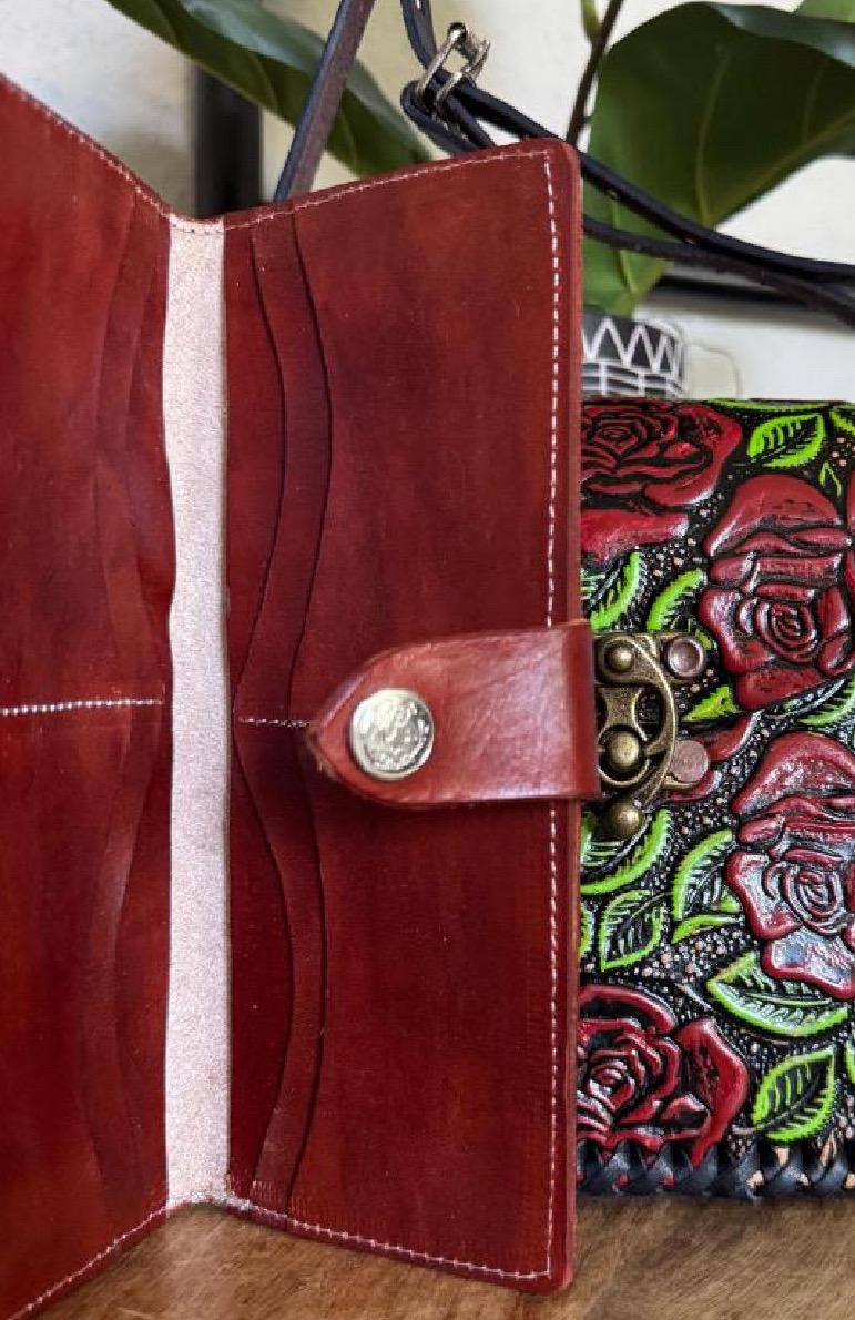 Hand Tooled Leather Rose Wallet, Artisan Bi-Fold, Mexican Moderno