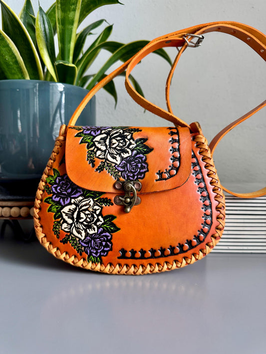 Hand-Tooled Leather Floral Purse, Handmade Mexican Bag Embossed with Roses, Artesanal Bolsa De Piel
