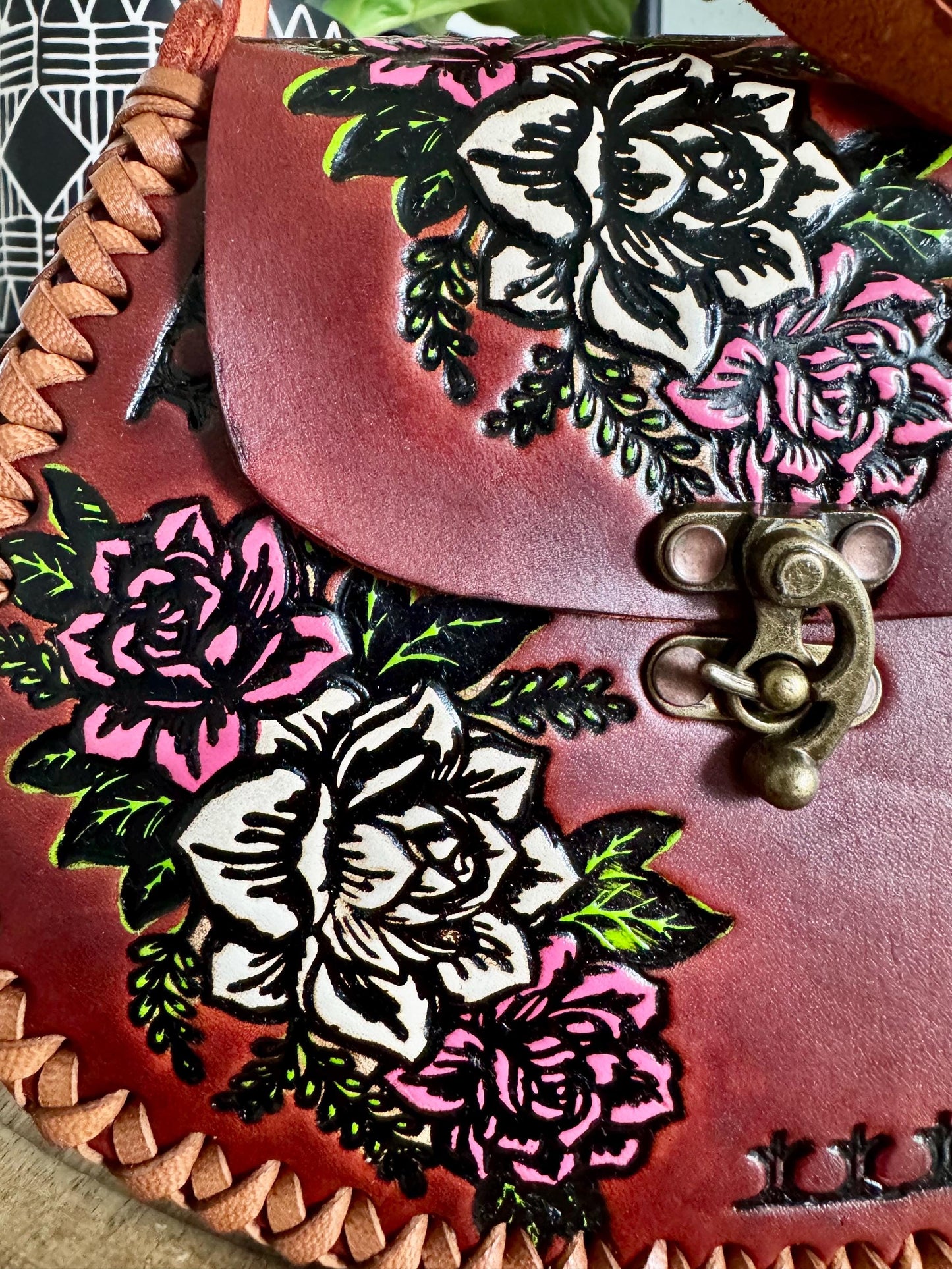 Structured Hand Tooled Leather Crossbody Bag – Mexican Artisan Floral Purse – Double Sided Genuine Leather