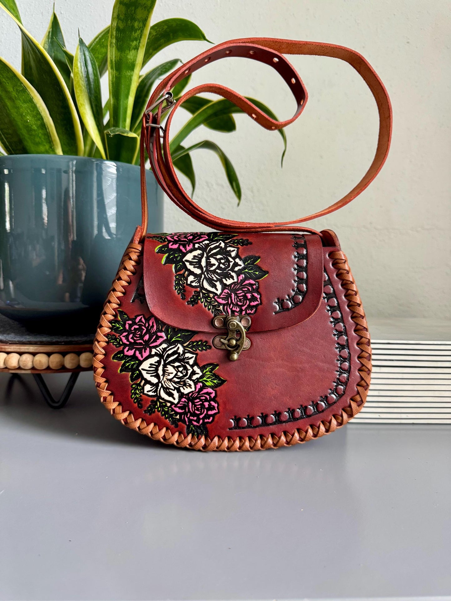 Structured Hand Tooled Leather Crossbody Bag – Mexican Artisan Floral Purse – Double Sided Genuine Leather