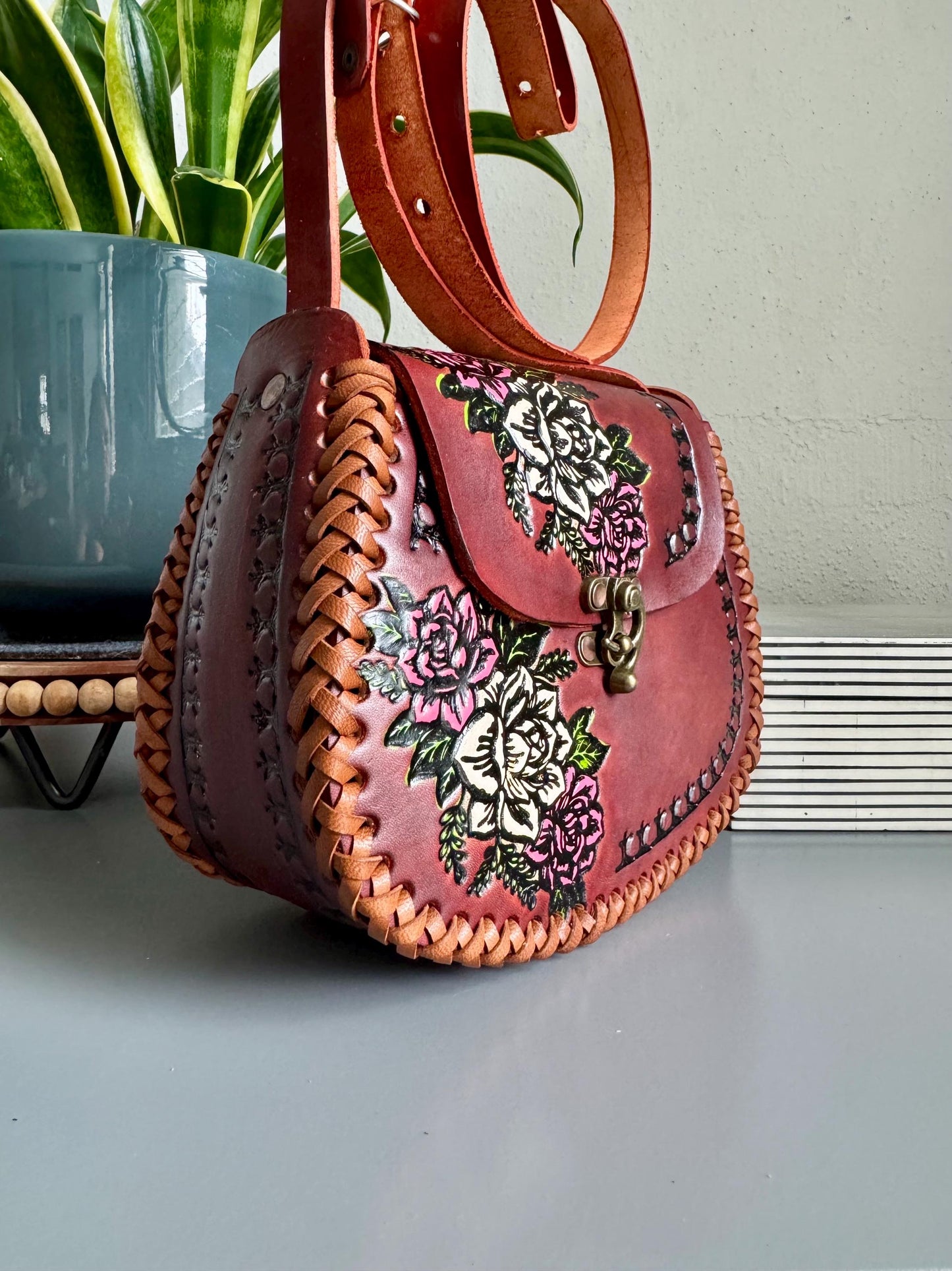Structured Hand Tooled Leather Crossbody Bag – Mexican Artisan Floral Purse – Double Sided Genuine Leather