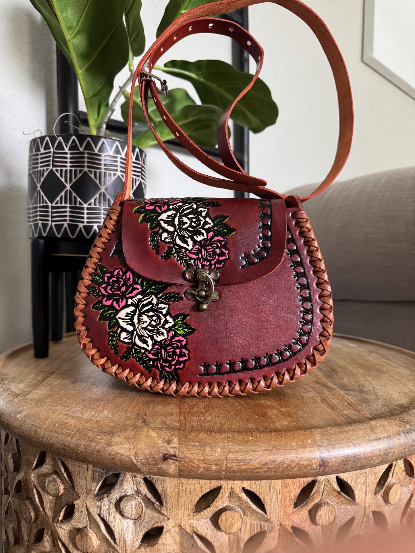 Structured Hand Tooled Leather Crossbody Bag – Mexican Artisan Floral Purse – Double Sided Genuine Leather