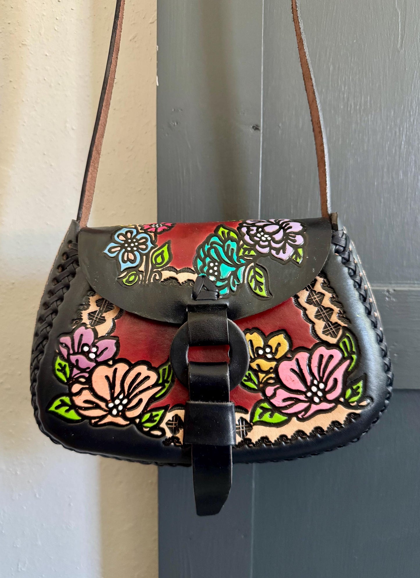 Structured Hand Tooled Leather Crossbody – Mexican Artisan Floral Purse – Double Sided Genuine Leather Bag – Adjustable Strap