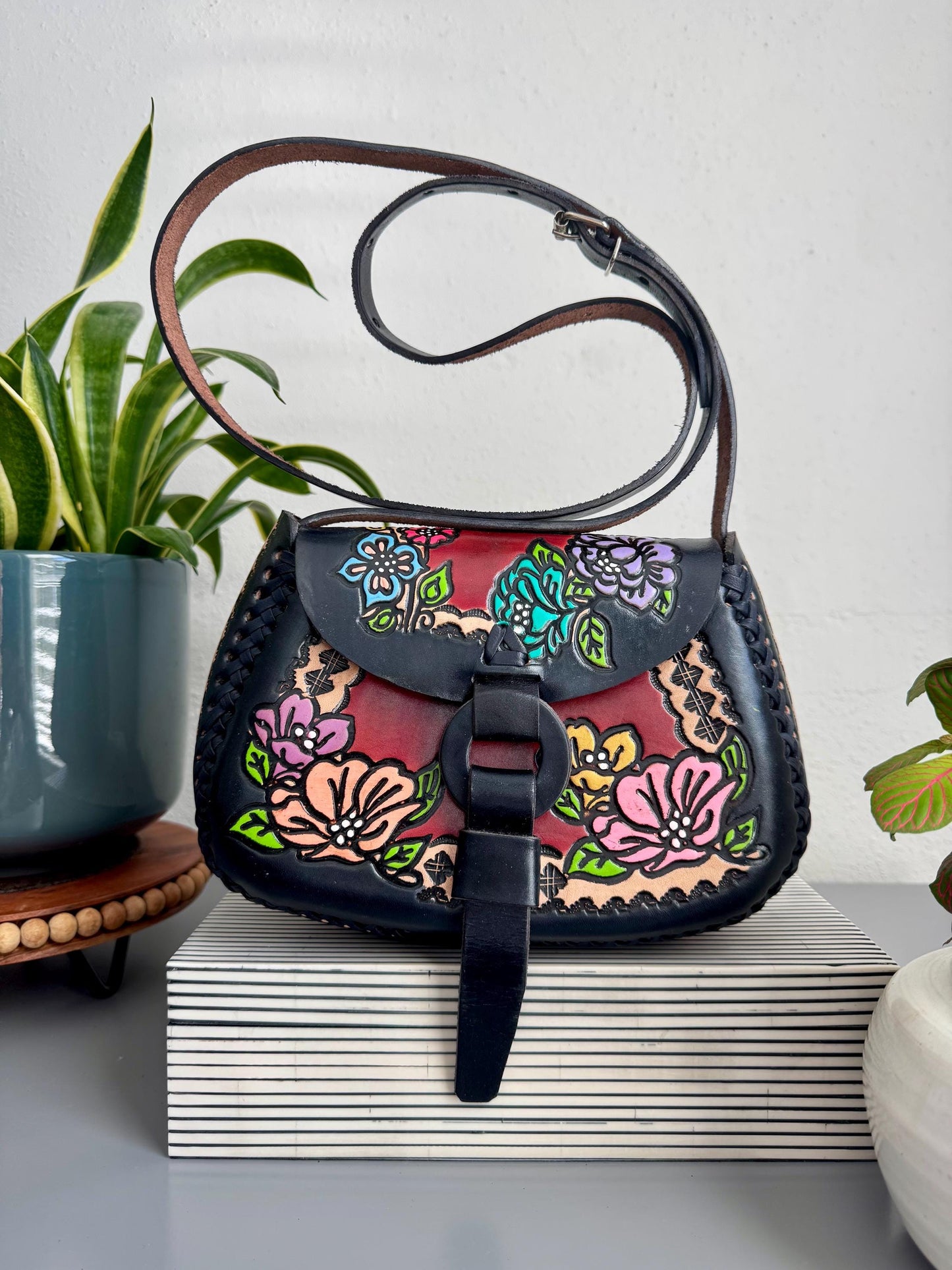 Structured Hand Tooled Leather Crossbody – Mexican Artisan Floral Purse – Double Sided Genuine Leather Bag – Adjustable Strap