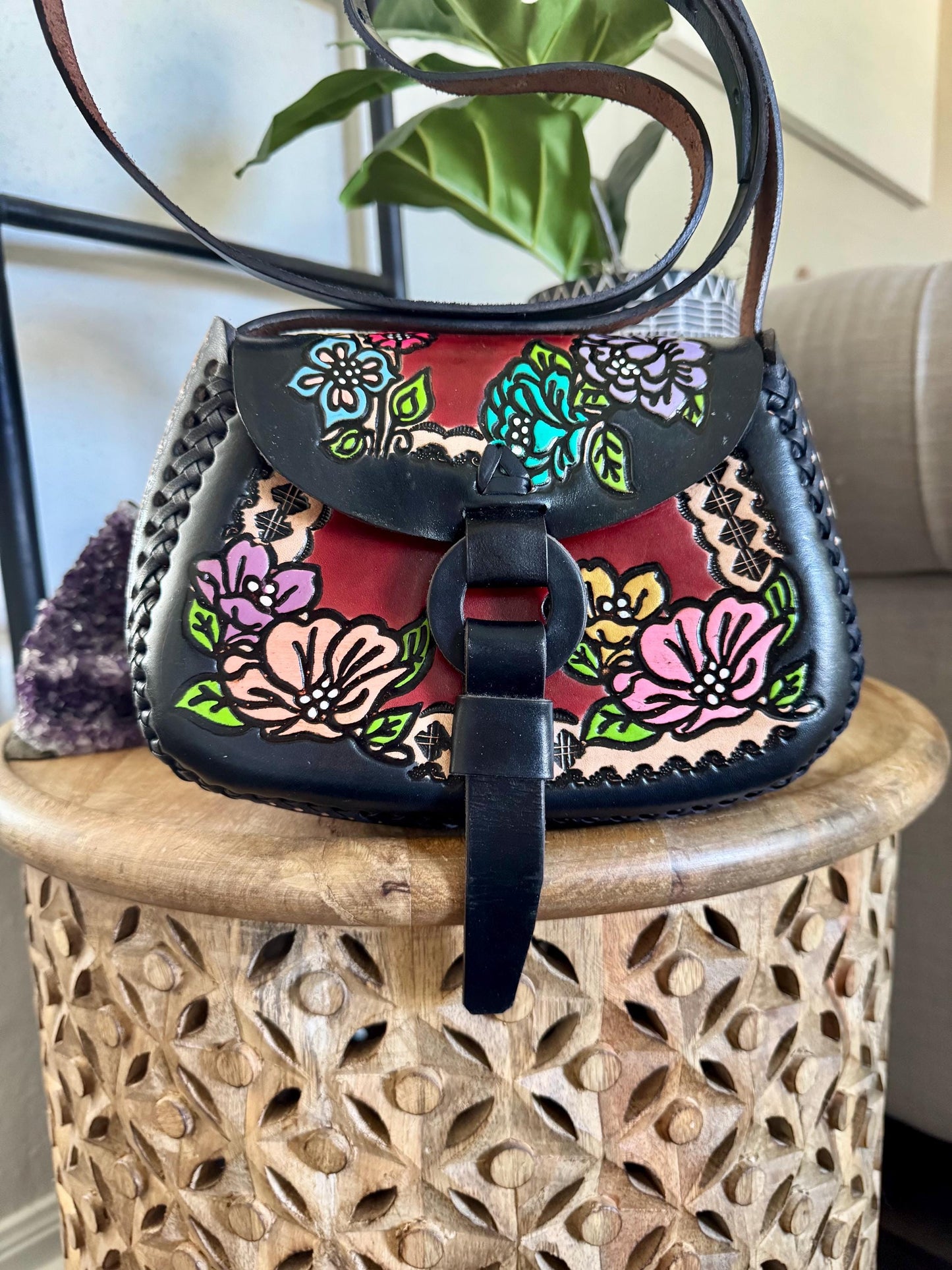 Structured Hand Tooled Leather Crossbody – Mexican Artisan Floral Purse – Double Sided Genuine Leather Bag – Adjustable Strap