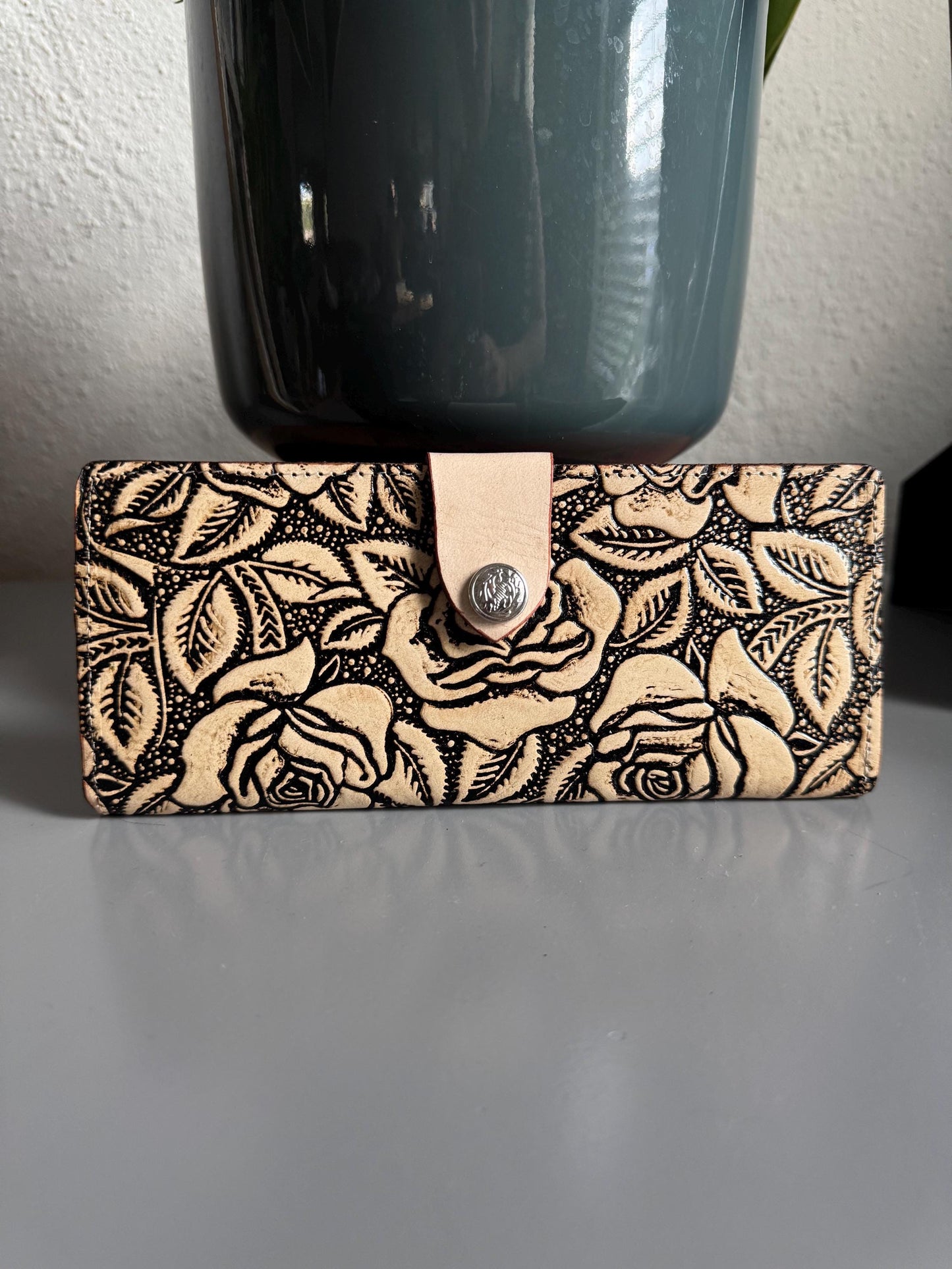 Hand Tooled Leather Wallet, Genuine Handmade Artisan Rose, Mexican Leather Moderno