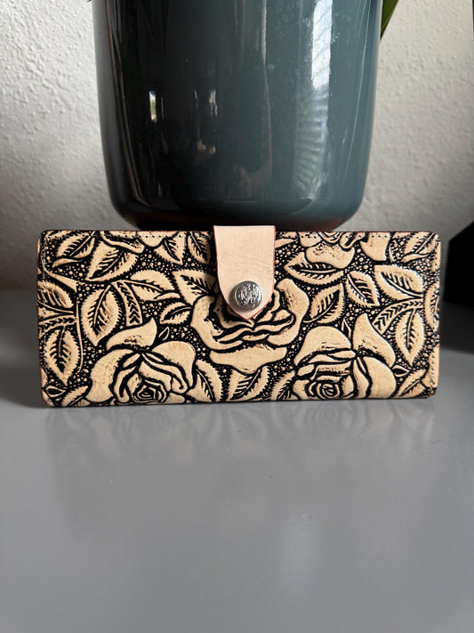 Hand Tooled Leather Wallet, Genuine Handmade Artisan Rose, Mexican Leather Moderno