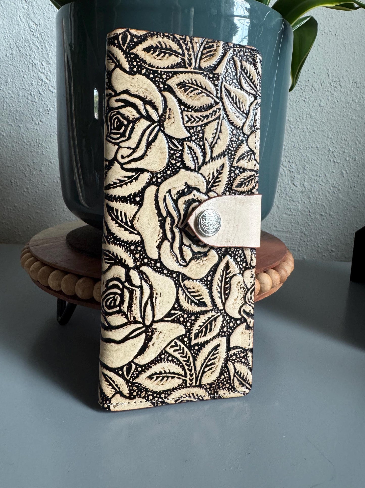 Hand Tooled Leather Wallet, Genuine Handmade Artisan Rose, Mexican Leather Moderno