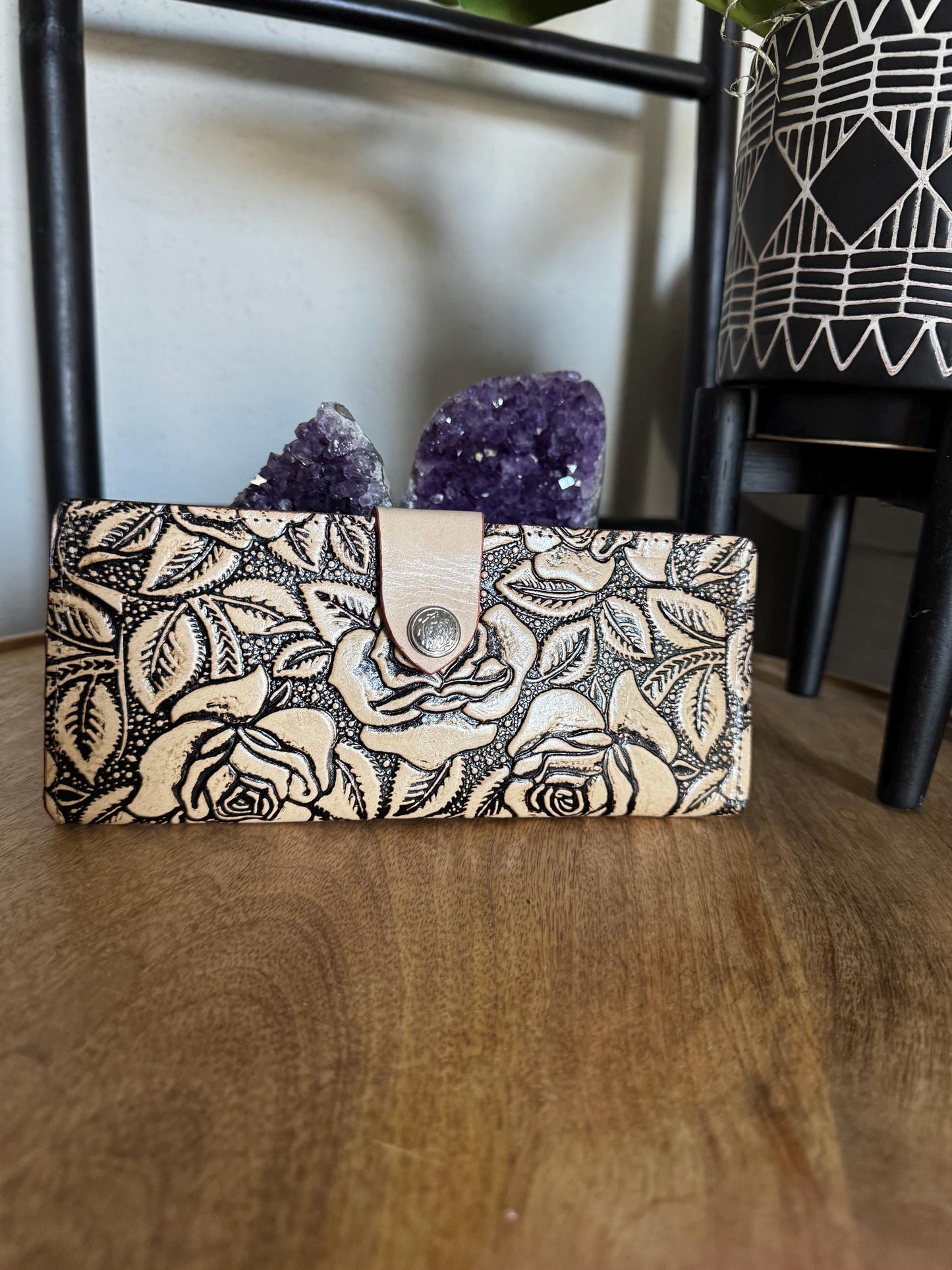 Hand Tooled Leather Wallet, Genuine Handmade Artisan Rose, Mexican Leather Moderno