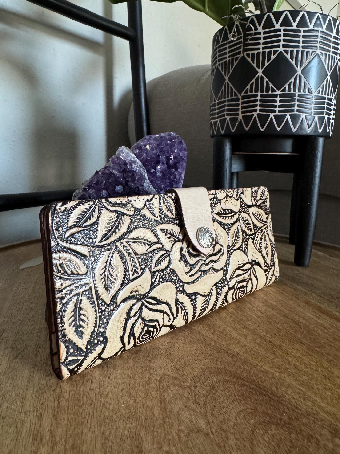 Hand Tooled Leather Wallet, Genuine Handmade Artisan Rose, Mexican Leather Moderno