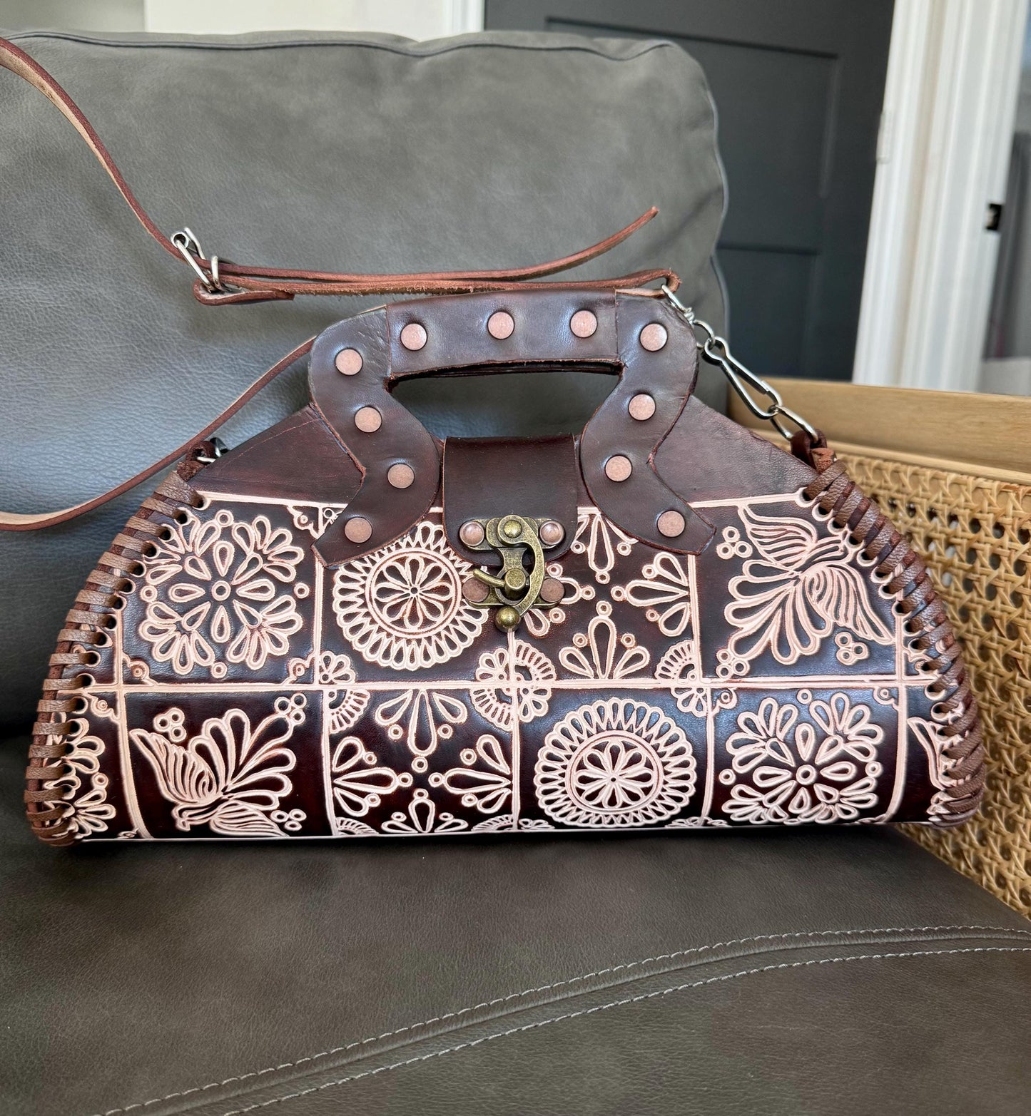 Leather Hand-Tooled Embossed Mexican Floral Chocolate Brown Handbag, Handmade Traditional Purse, Artesanal Bag