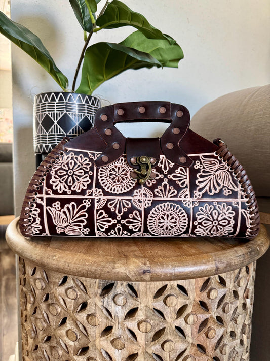 Leather Hand-Tooled Embossed Mexican Floral Chocolate Brown Handbag, Handmade Traditional Purse, Artesanal Bag