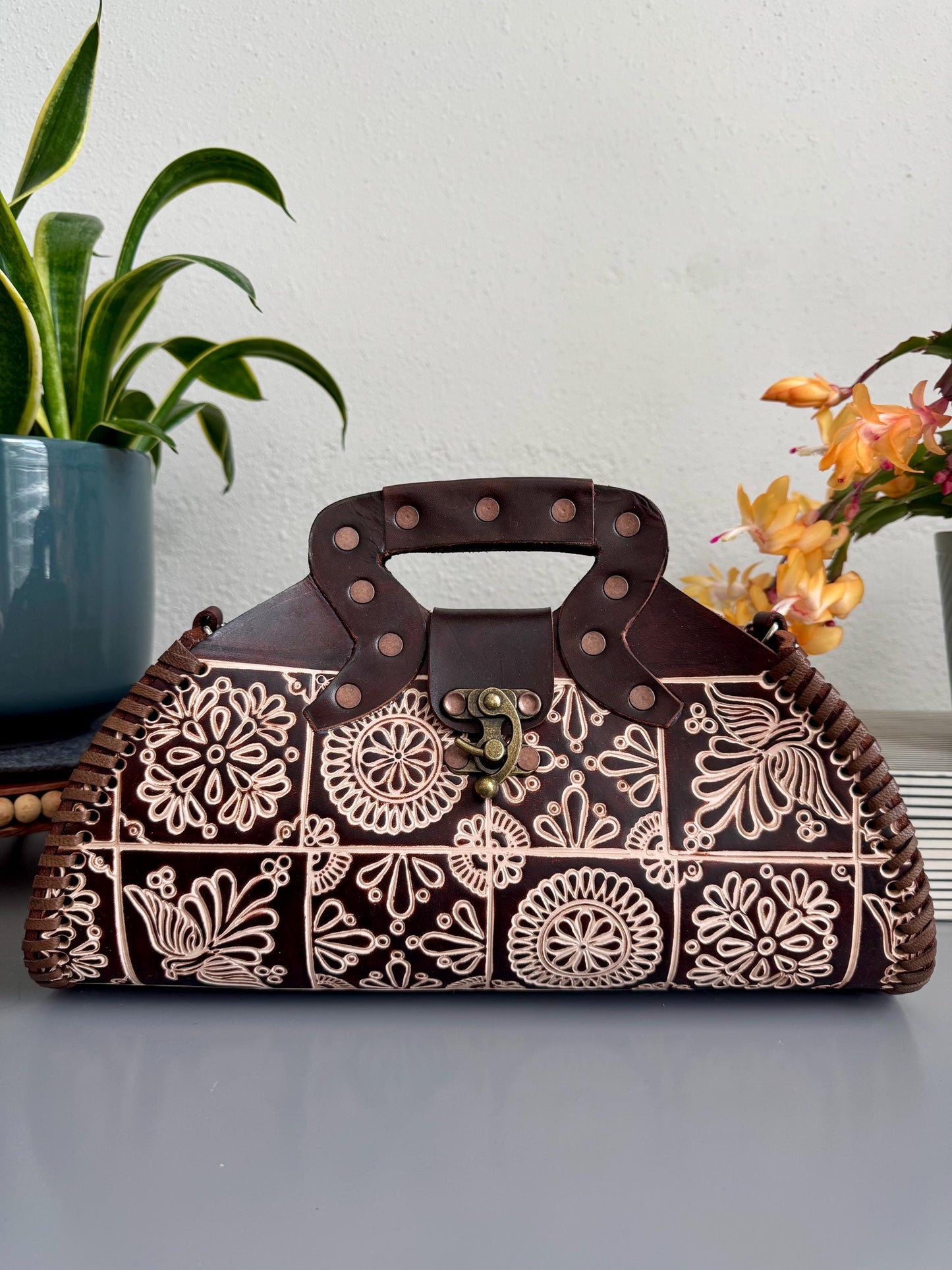 Leather Hand-Tooled Embossed Mexican Floral Chocolate Brown Handbag, Handmade Traditional Purse, Artesanal Bag