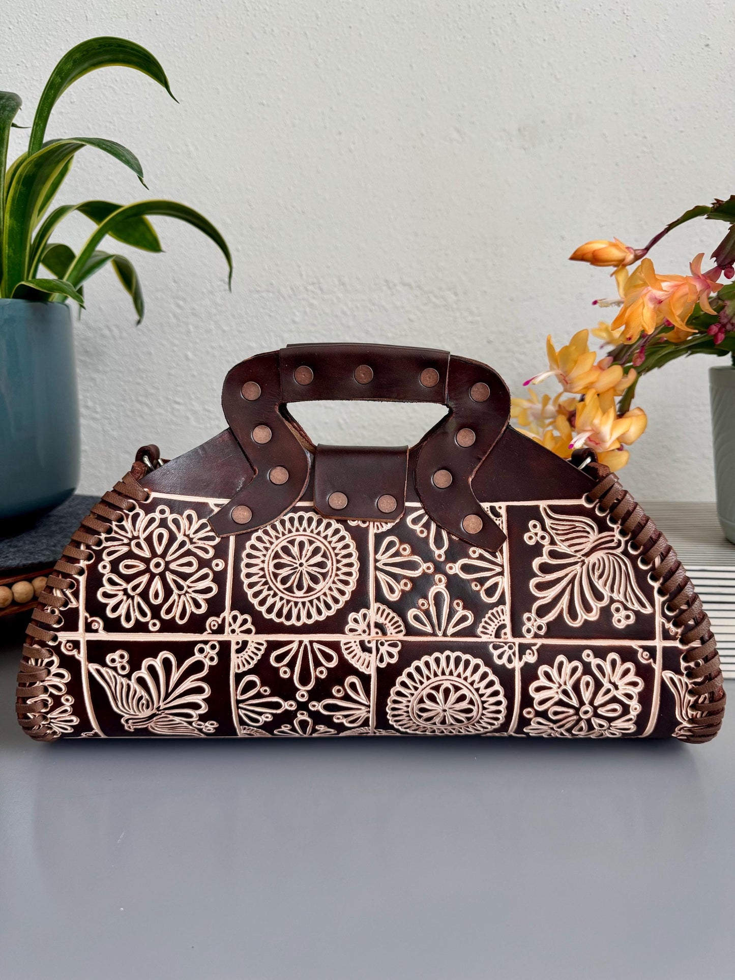 Leather Hand-Tooled Embossed Mexican Floral Chocolate Brown Handbag, Handmade Traditional Purse, Artesanal Bag