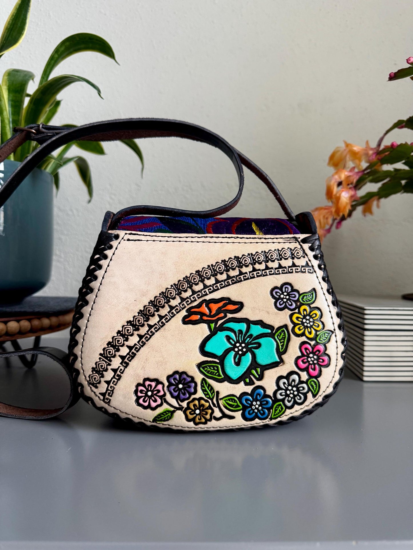Hand-Tooled and Embroidered Leather Floral Purse, Handmade Mexican Bag, Artesanal