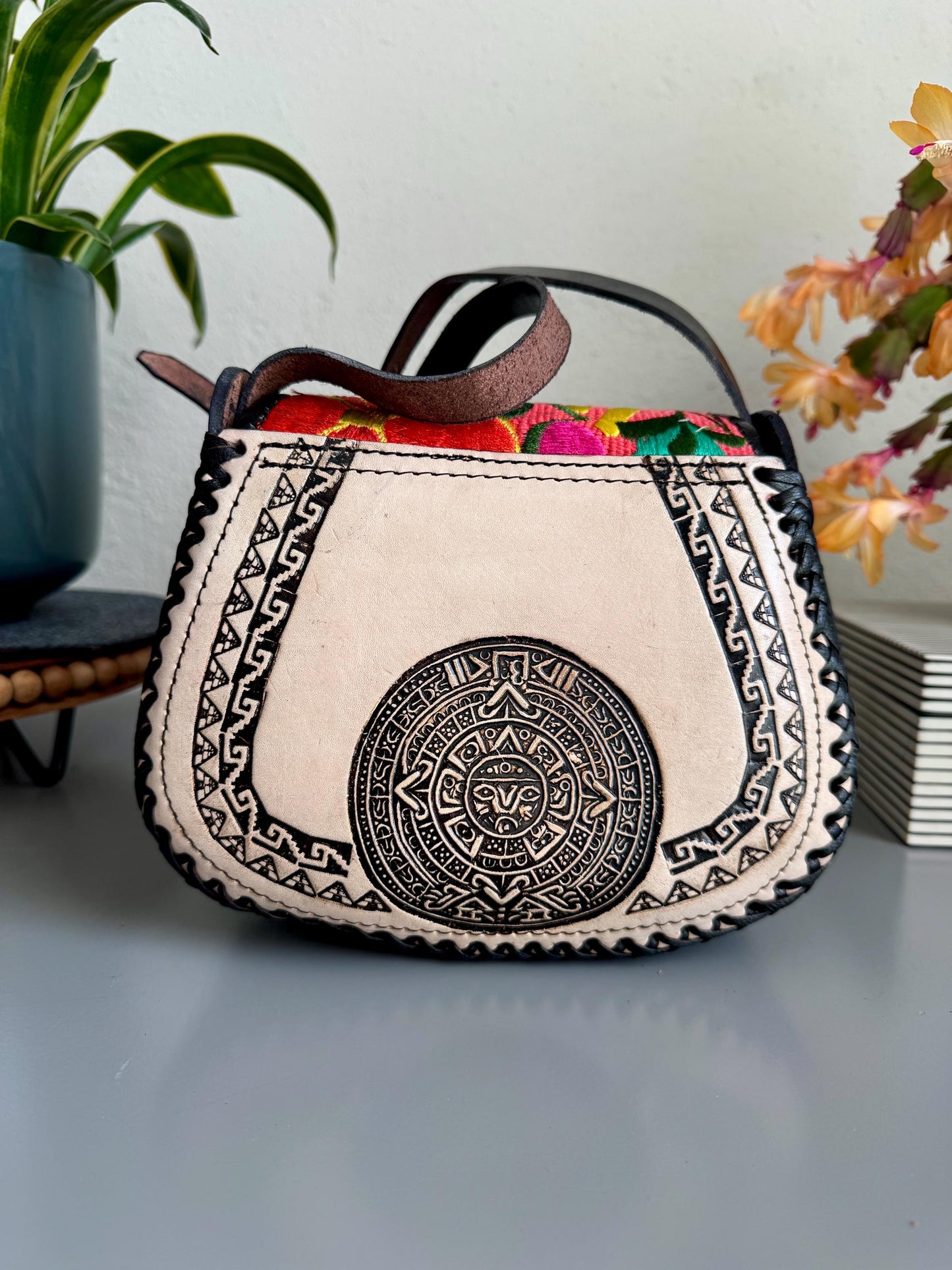 Hand-Tooled and Embroidered Leather Floral Purse, Handmade Mexican Bag, Artesanal