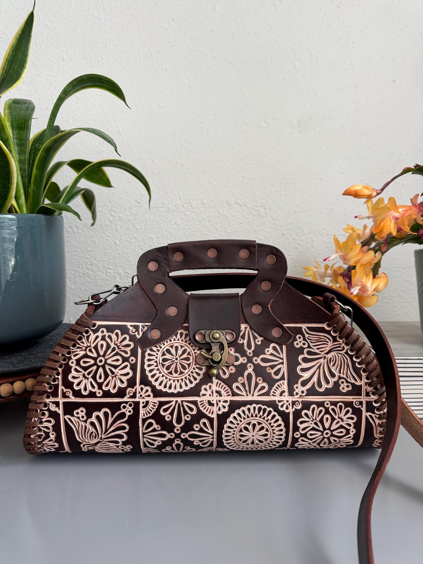 Leather Hand-Tooled Embossed Mexican Floral Chocolate Brown Handbag, Handmade Traditional Purse, Artesanal Bag
