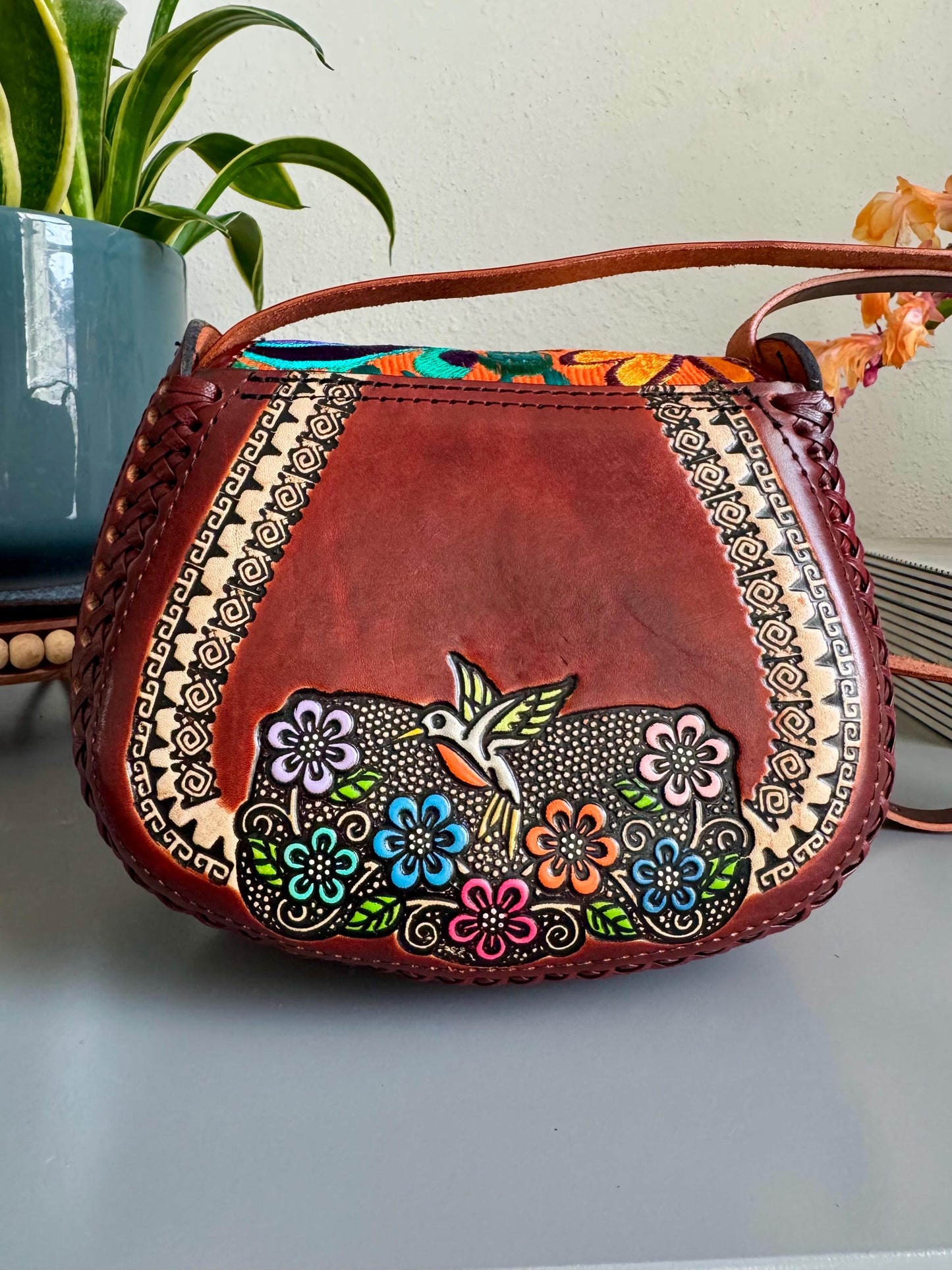 Hand-Tooled and Embroidered Leather Floral Purse, Handmade Mexican Bag, Artesanal