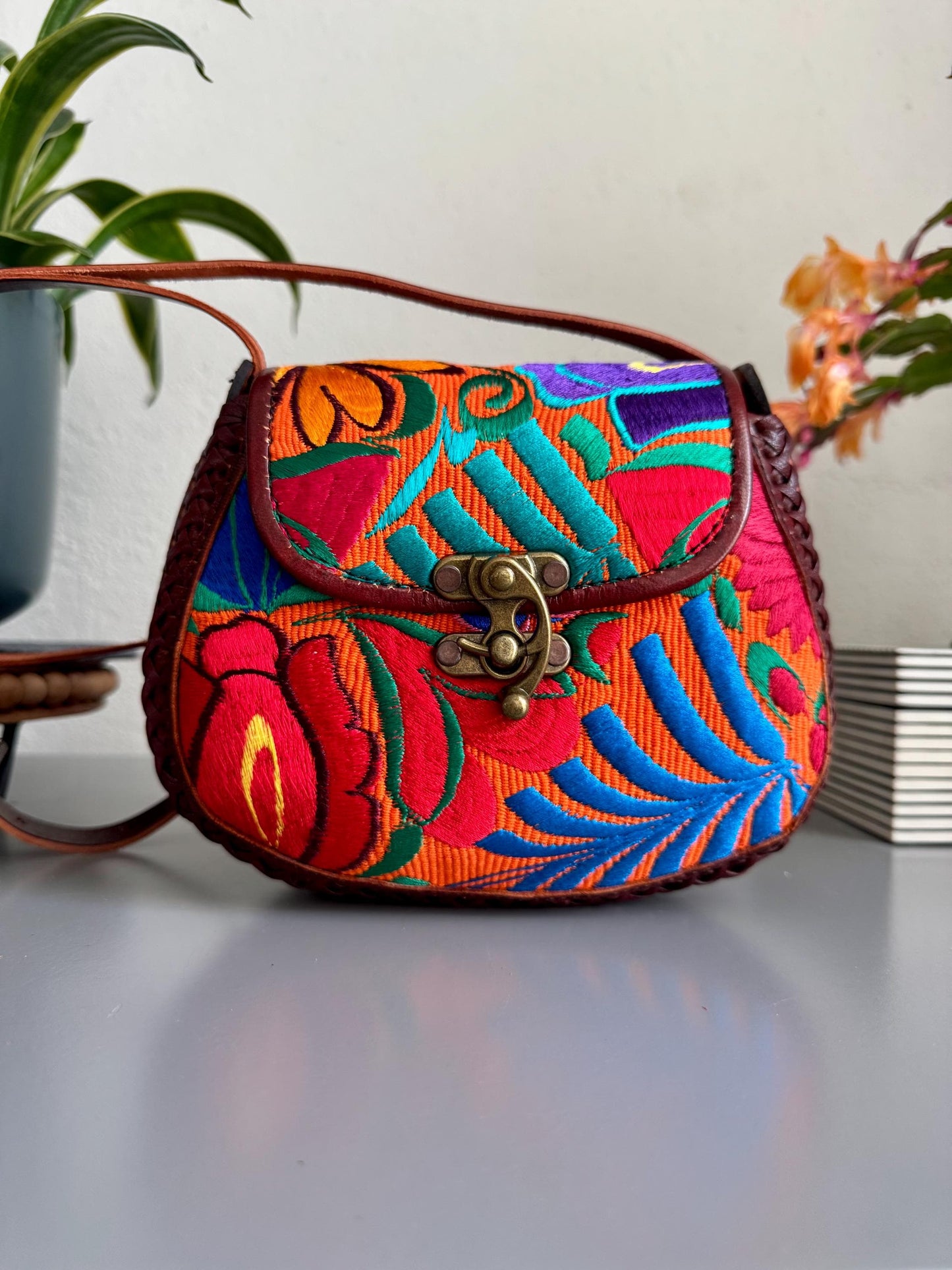 Hand-Tooled and Embroidered Leather Floral Purse, Handmade Mexican Bag, Artesanal