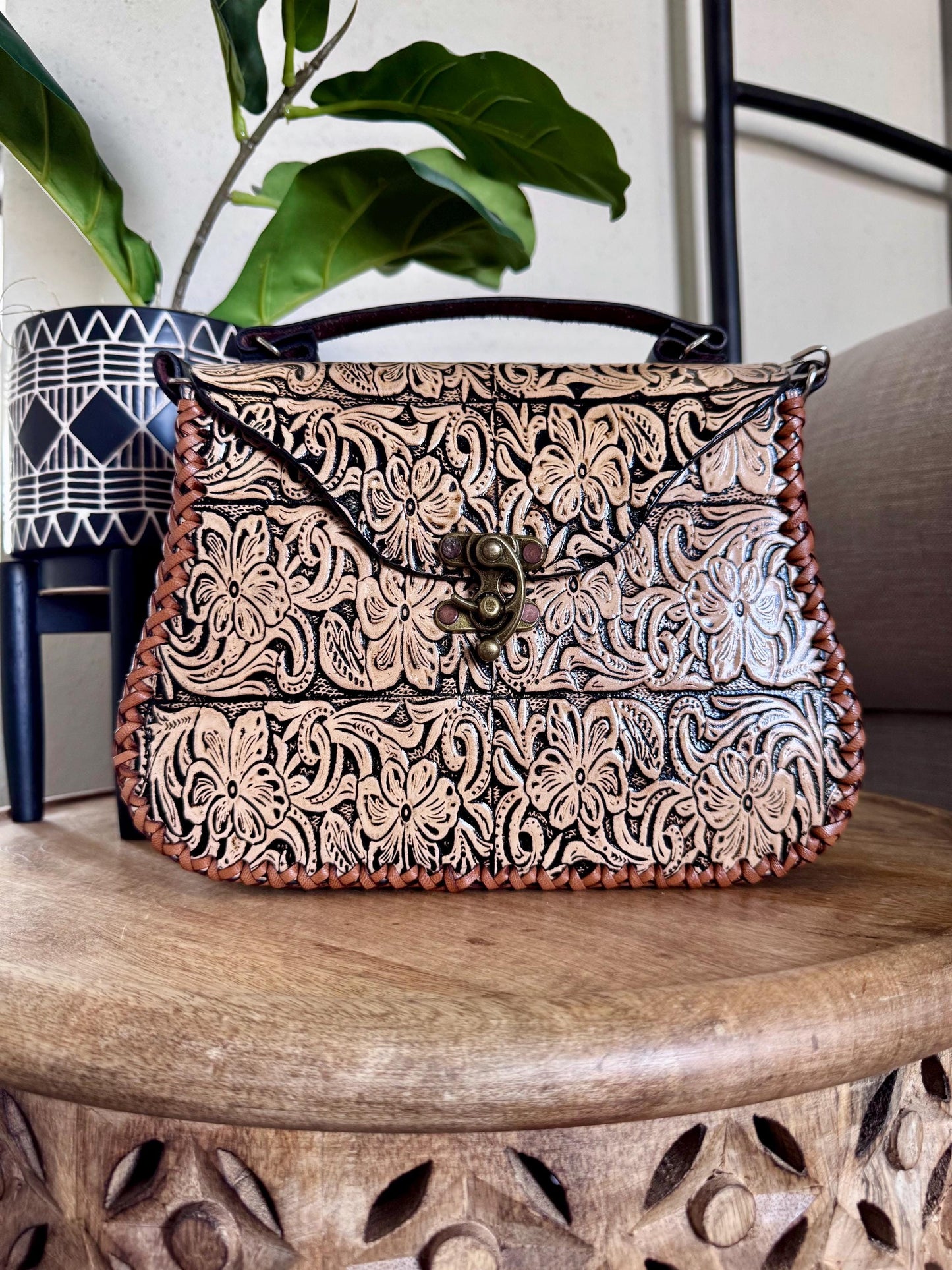 Hand Tooled Leather Crossbody Bag – Mexican Artisan Floral Purse, Western Style