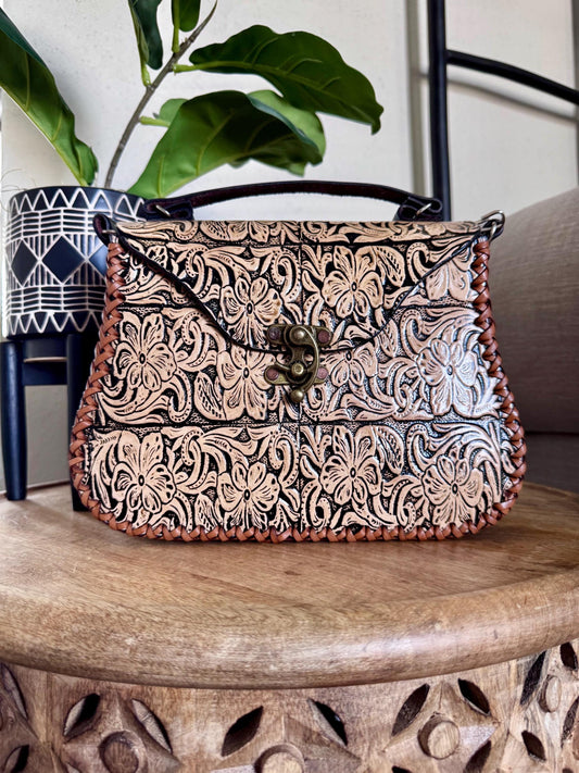 Hand Tooled Leather Crossbody Bag – Mexican Artisan Floral Purse, Western Style
