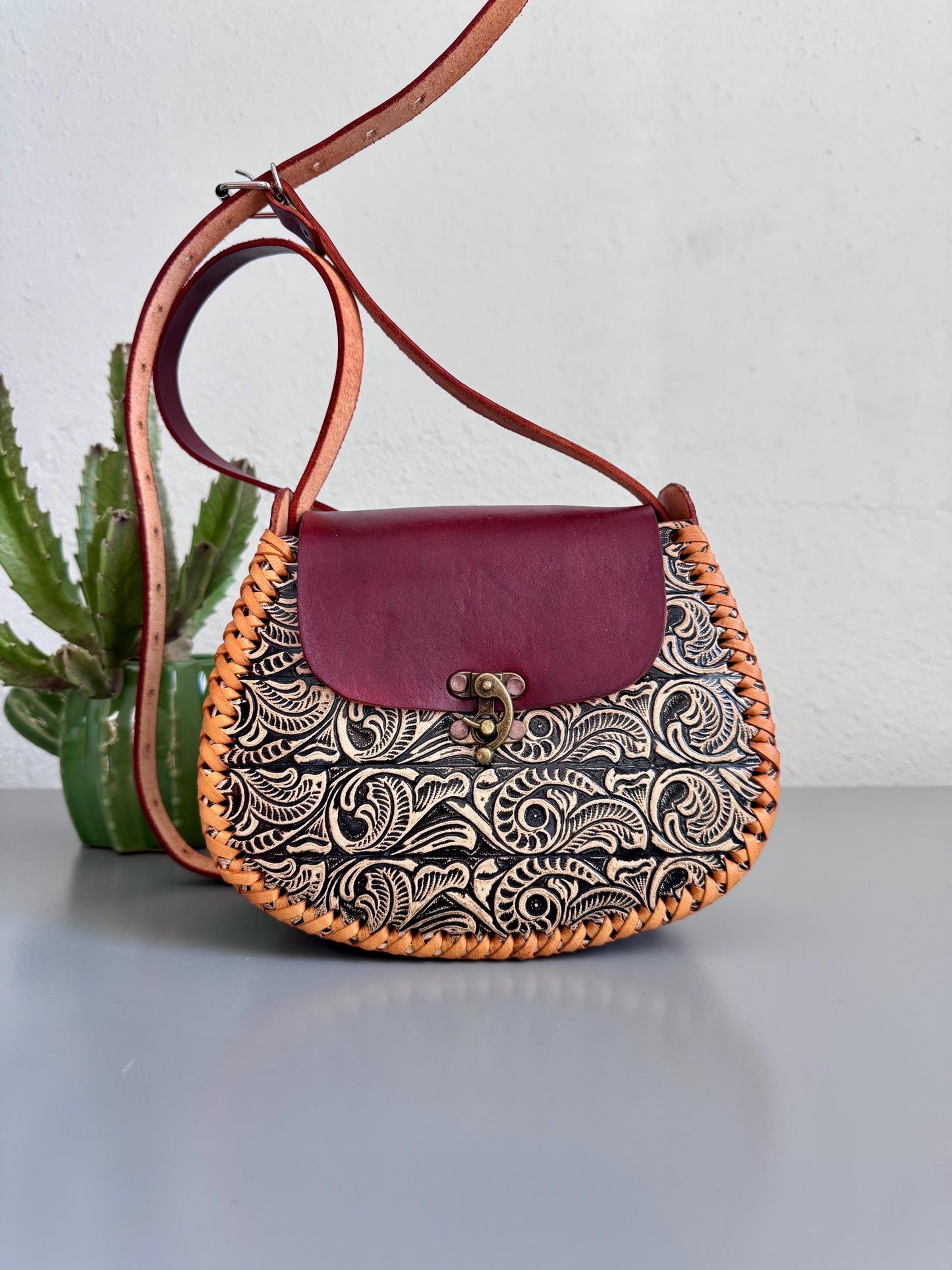 Hand-Tooled Leather Crossbody Purse, Floral Embossed Mexican Bag