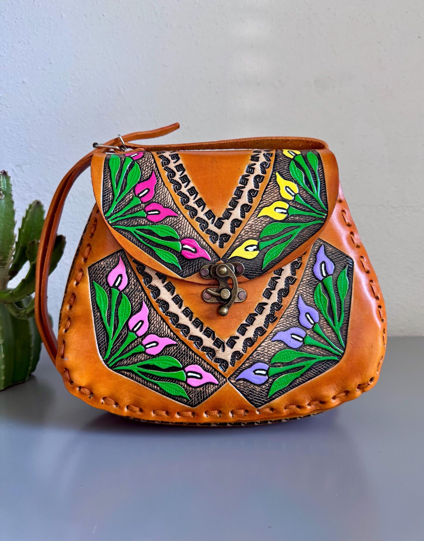 Colorful Hand Tooled Leather Crossbody – Structured Mexican Peacelily Purse – Adjustable Artisan Bag