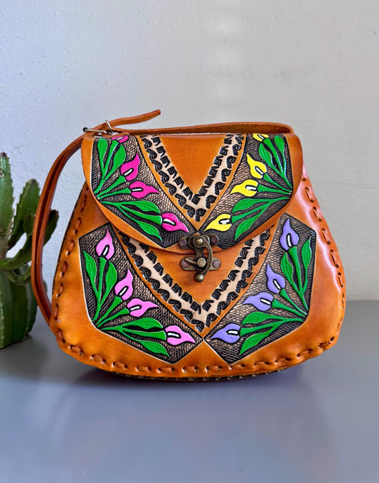 Mexican Leather Crossbody Bag - Hand Tooled Floral Purse - Artisan Handmade Folk Art Handbag - Boho Western Leather Shoulder Bag