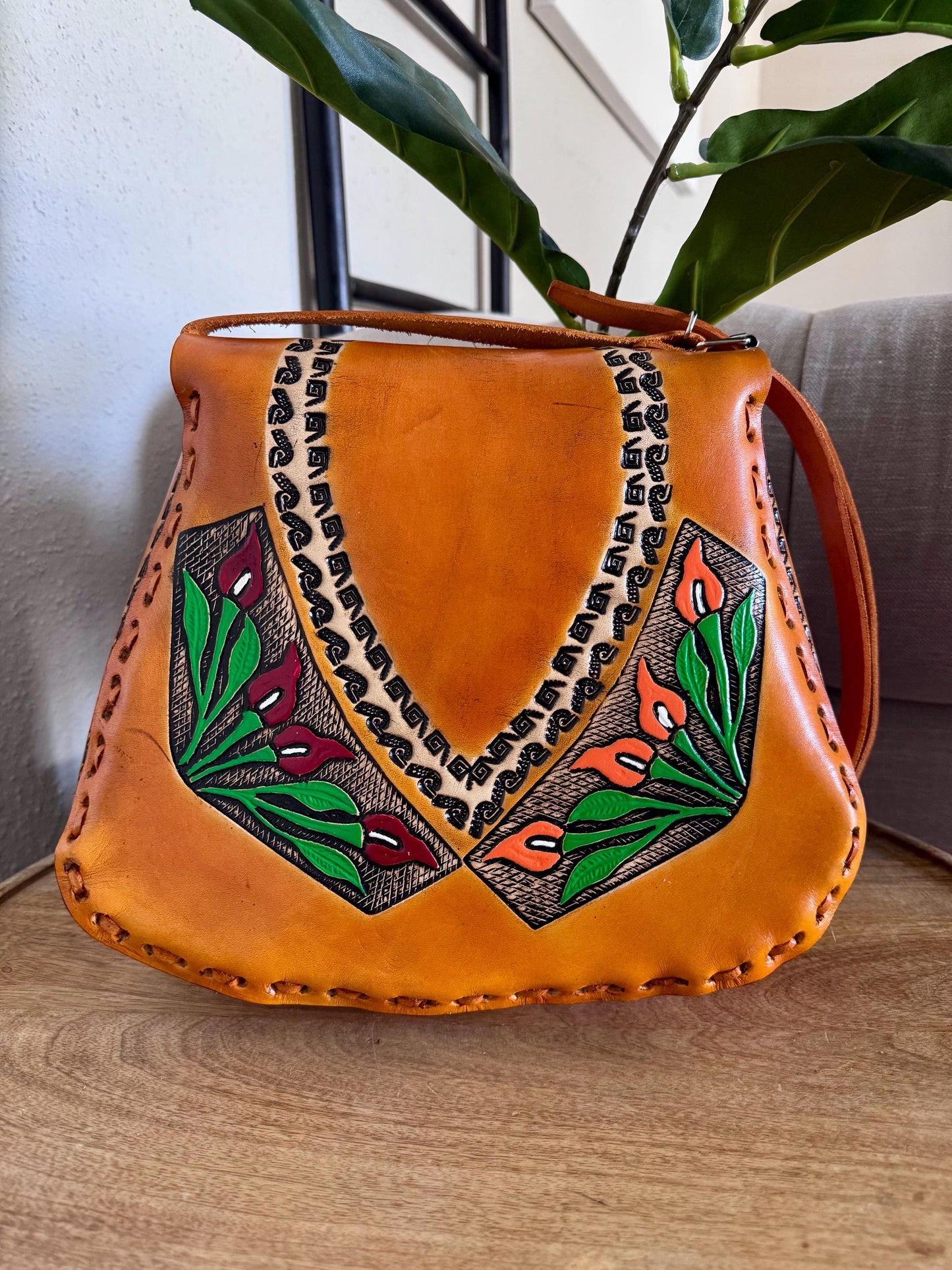 Colorful Hand Tooled Leather Crossbody – Structured Mexican Peacelily Purse – Adjustable Artisan Bag