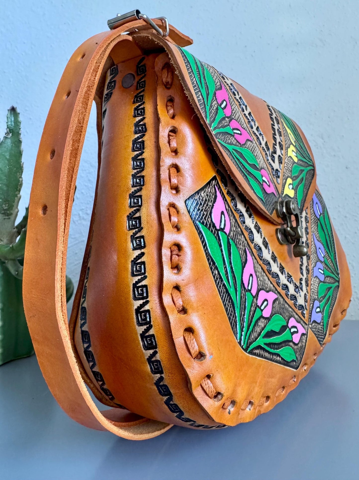 Colorful Hand Tooled Leather Crossbody – Structured Mexican Peacelily Purse – Adjustable Artisan Bag