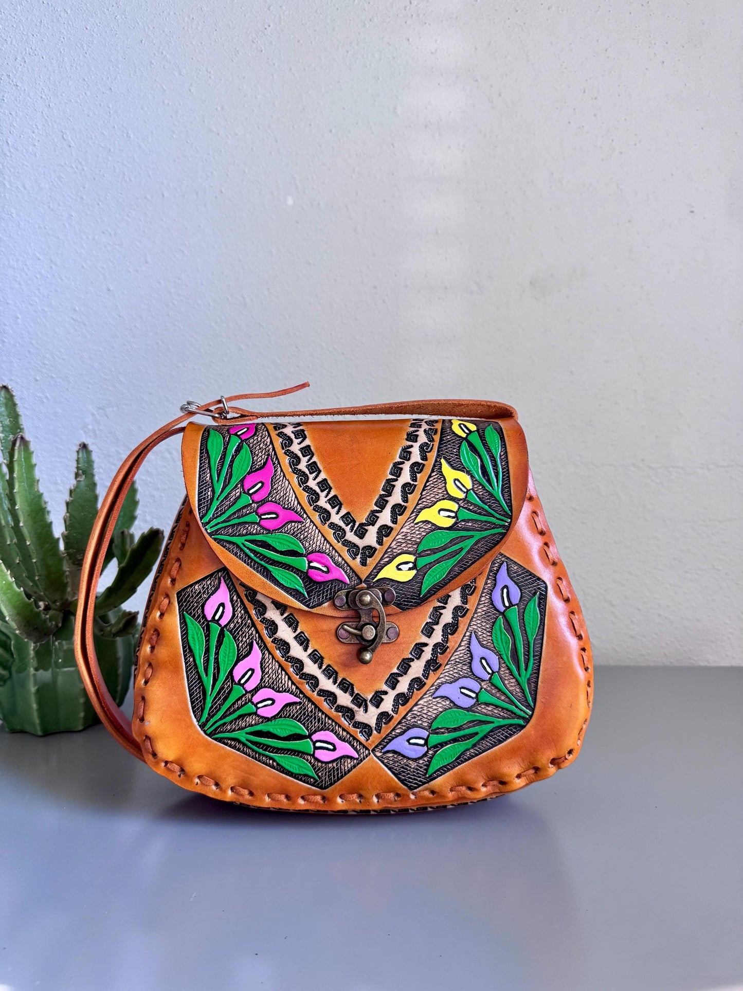 Colorful Hand Tooled Leather Crossbody – Structured Mexican Peacelily Purse – Adjustable Artisan Bag