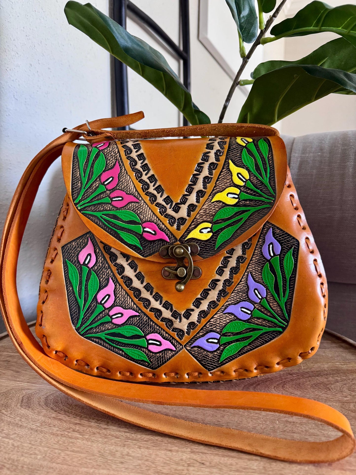 Colorful Hand Tooled Leather Crossbody – Structured Mexican Peacelily Purse – Adjustable Artisan Bag