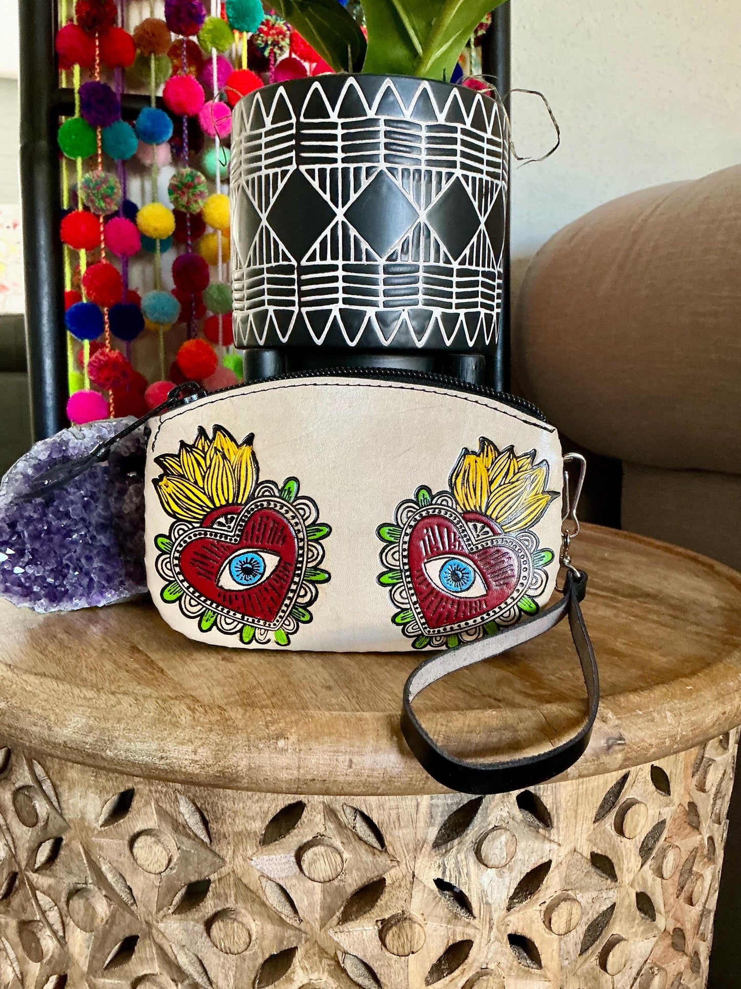 Structured Hand Tooled Leather Crossbody – Floral Evil Eye Mexican Artisan Purse – Double Sided Genuine Leather Bag