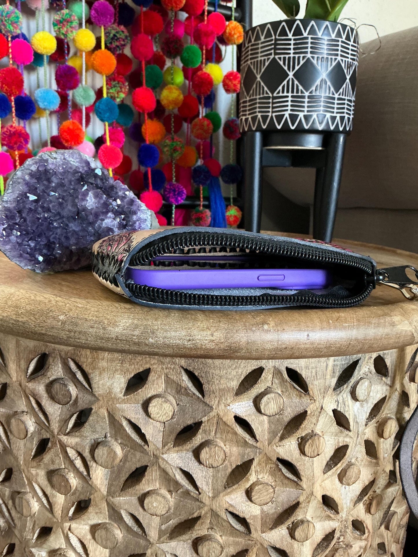 Structured Hand Tooled Leather Crossbody – Floral Evil Eye Mexican Artisan Purse – Double Sided Genuine Leather Bag