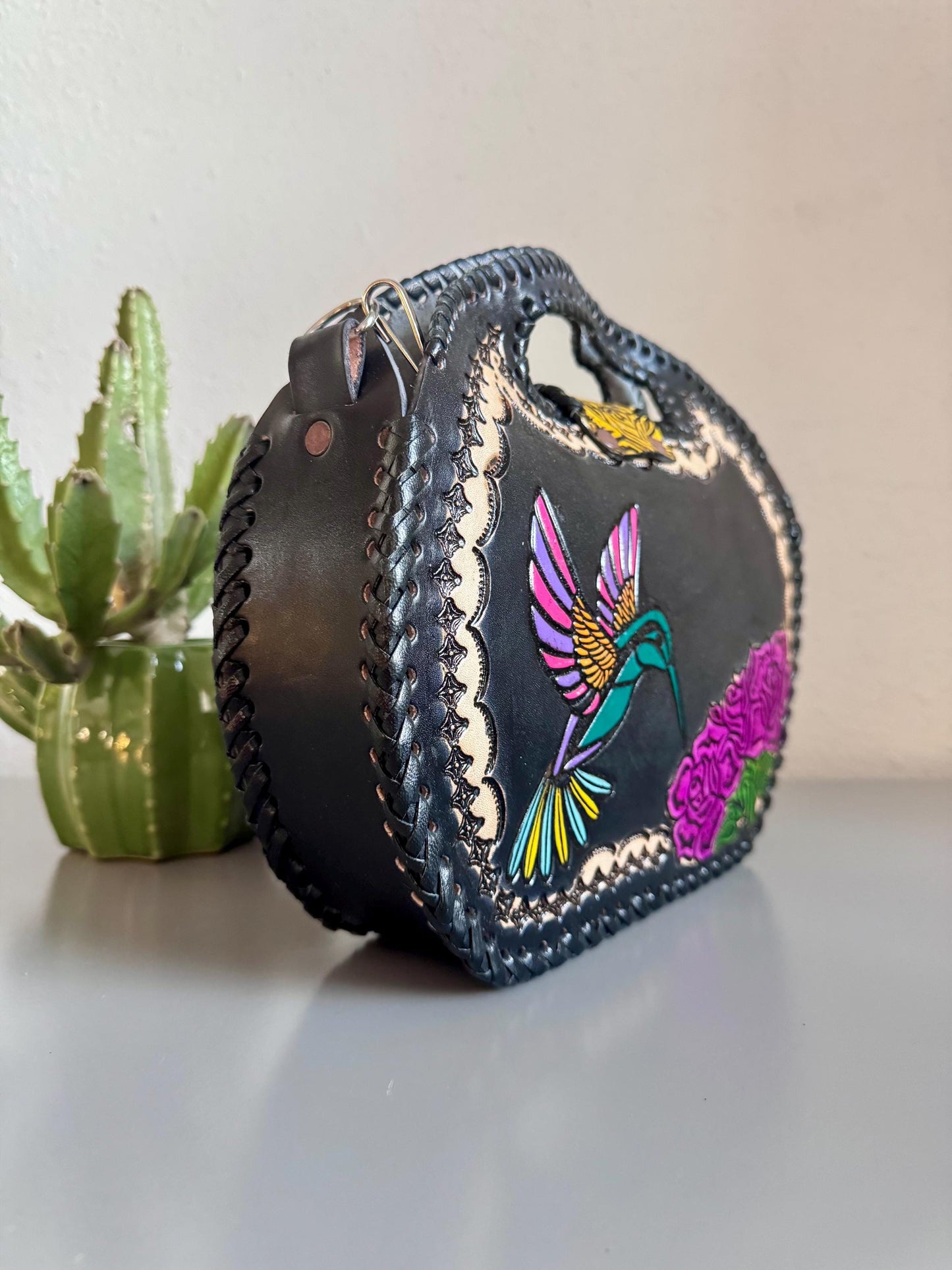 Handmade Tooled Leather Hummingbird Purse, Mexican Artesania